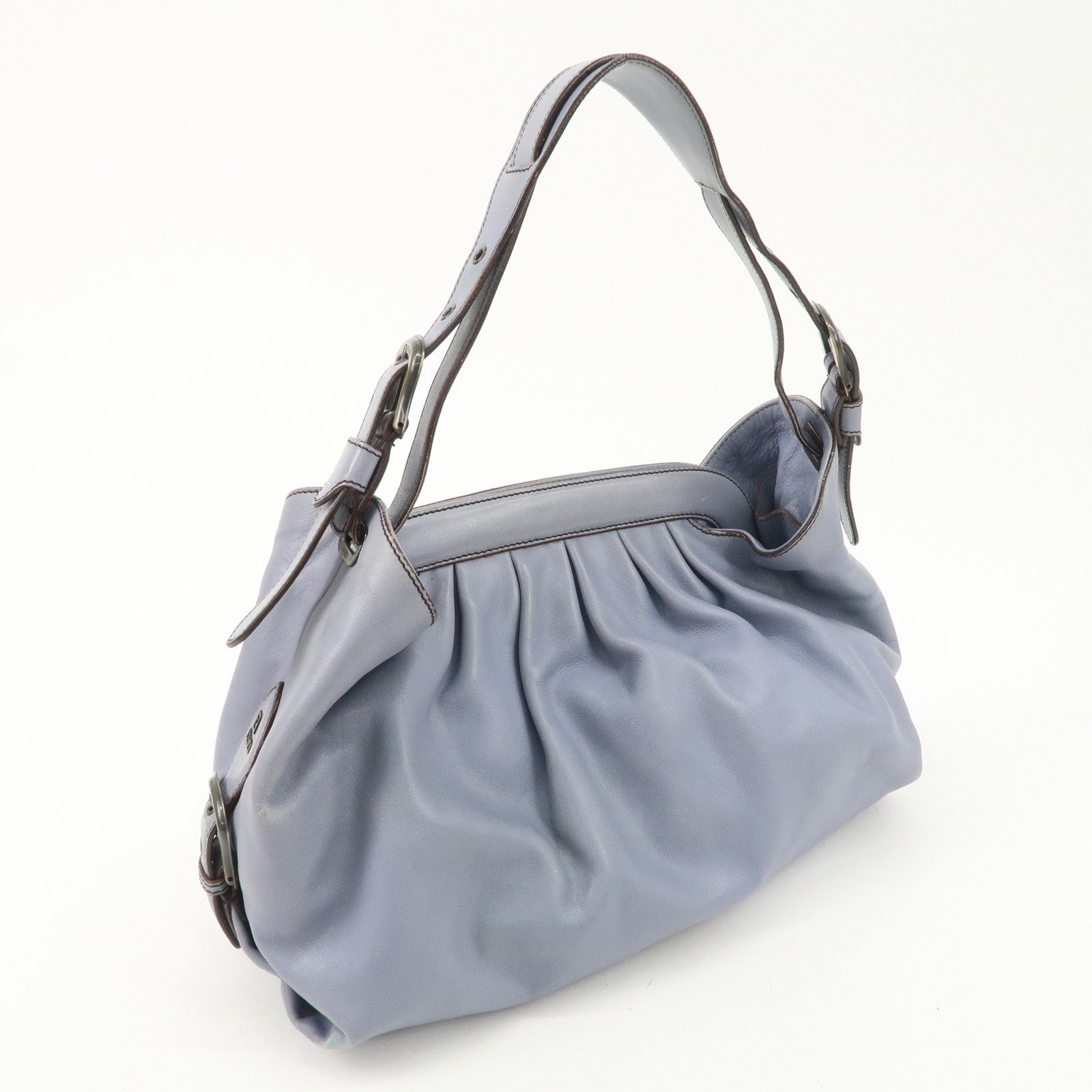 FENDI Leather Shoulder Bag Hand Bag Blue Gold HDW Used