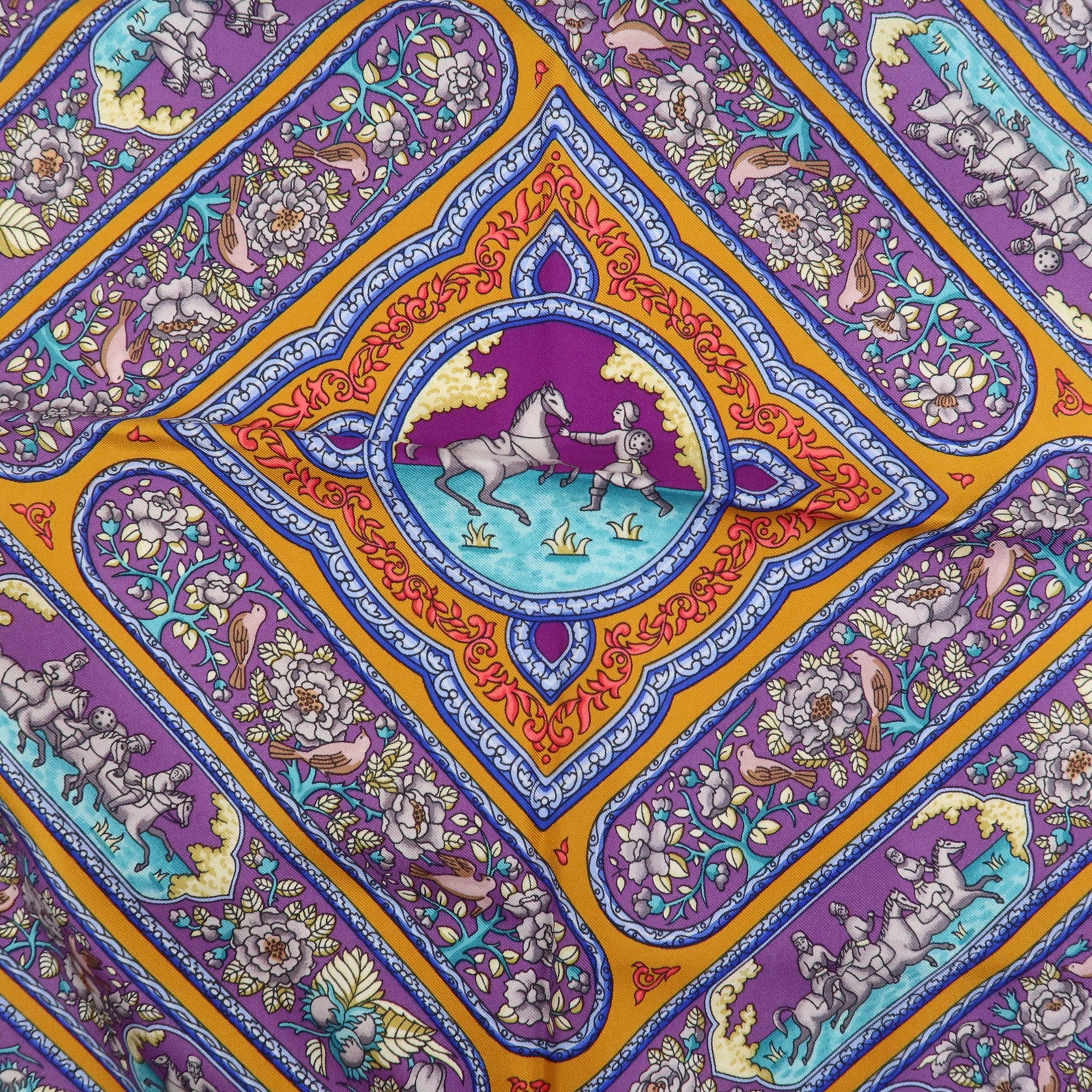 HERMES Carre 90 Silk 100% Scarf QALAMDAN Purple Orange