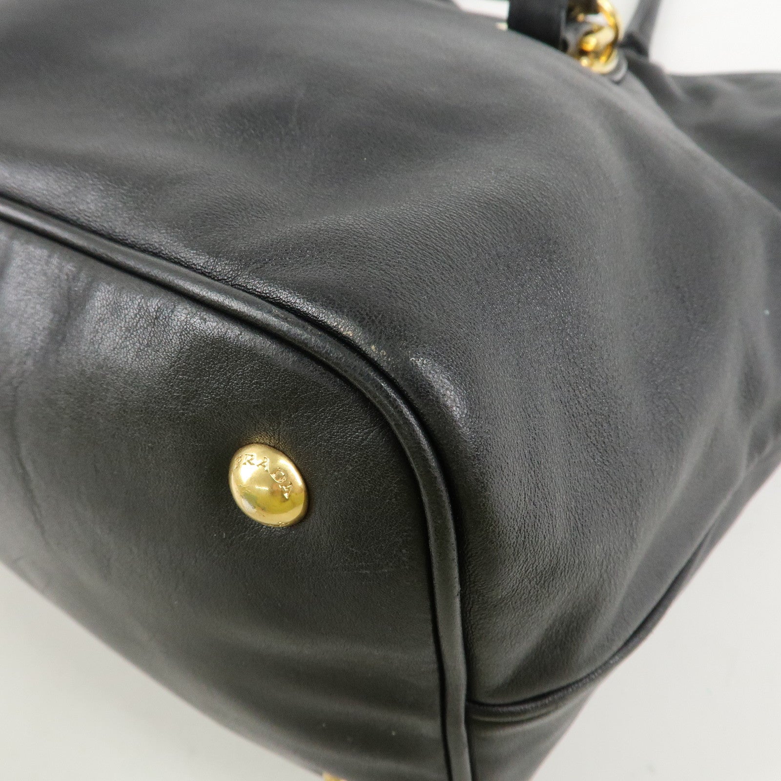 PRADA Logo Calf Leather 2Way Tote Bag Hand Bag Black Gold HDW BN1902 Used