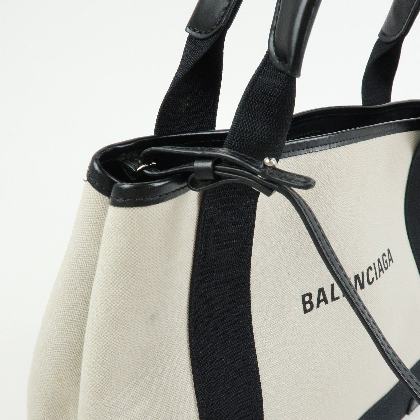 BALENCIAGA Navy Cabas Small Canvas Leather Tote Bag Ivory 339933