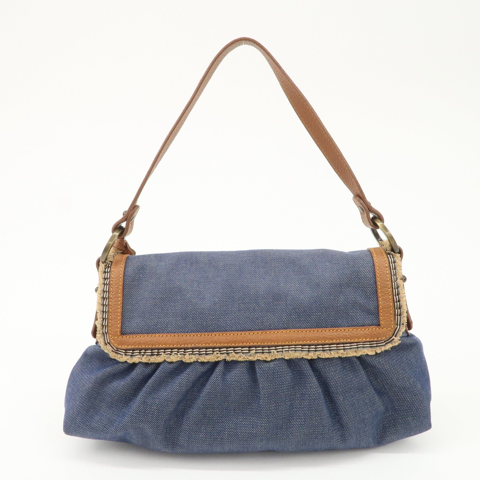 FENDI Denim Leather Shoulder Bag Hand Bag Indigo Brown 8BR445 Used