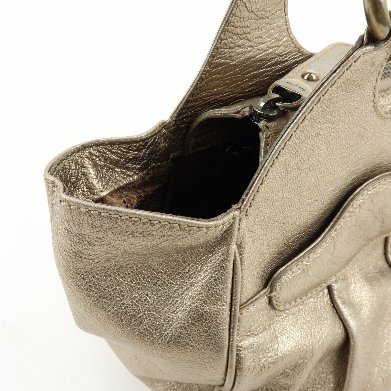 Ferragamo Gancini Leather Shoulder Bag Hand Bag Champagne Gold