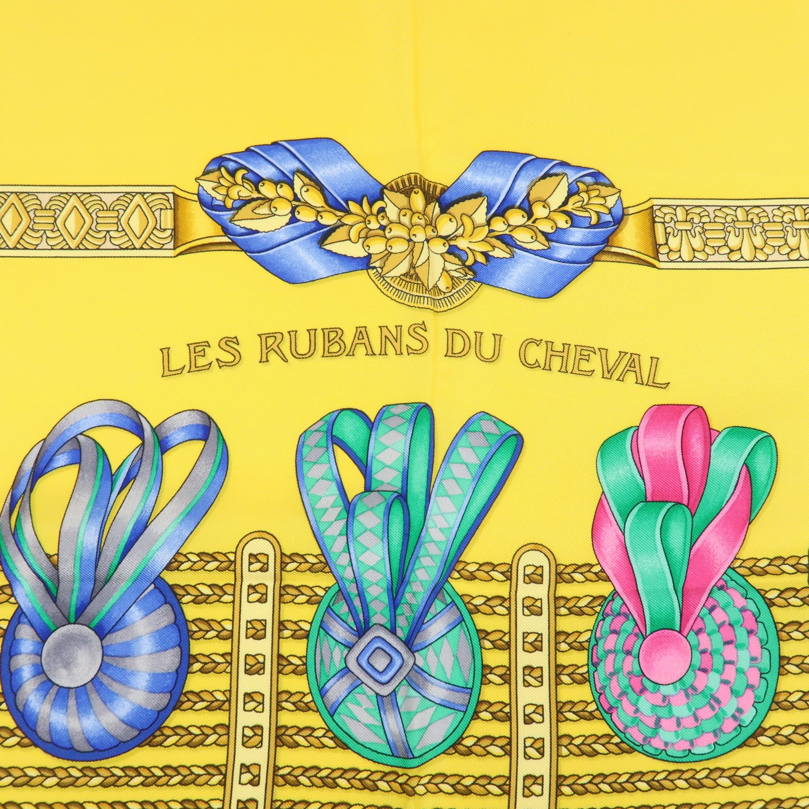 Hermes Carre 90 Silk 100% Scarf LES RUBANS DU CHEVAL Yellow