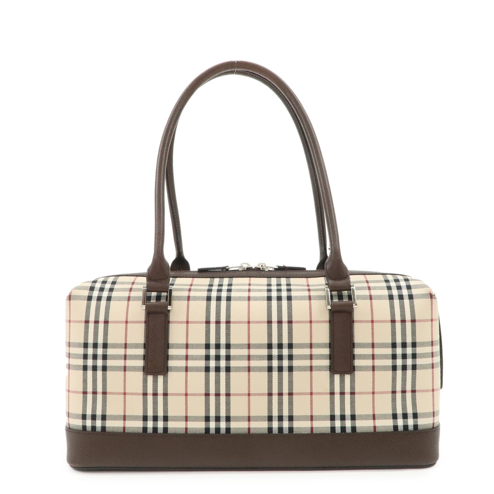 BURBERRY Leather Canvas Boston Bag Hand Bag Nova Plaid Brown Used