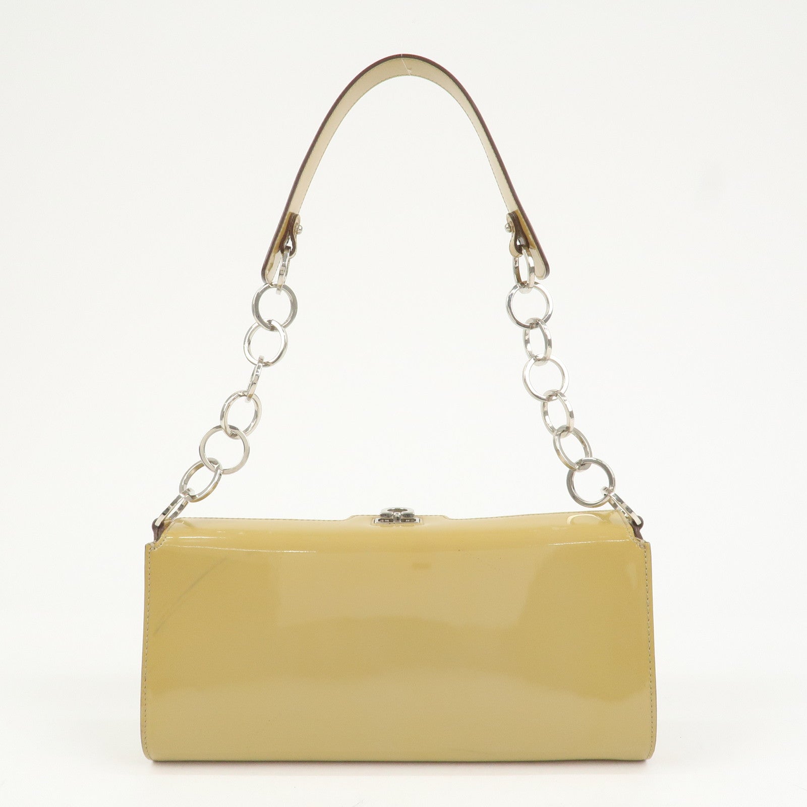 Ferragamo Gancini Patent Leather Chain Shoulder Bag Hand Bag Beige