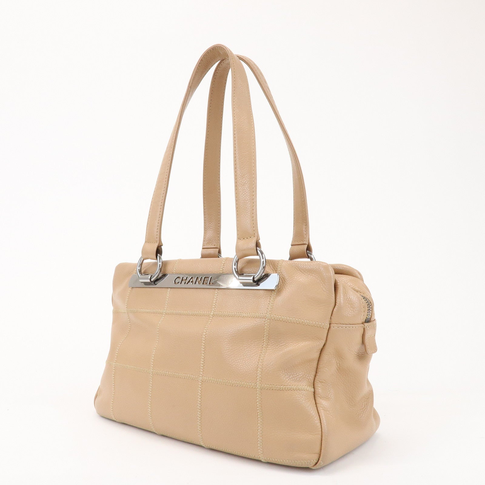 CHANEL Chocolate Bar Caviarskin Boston Bag Shoulder Bag Beige