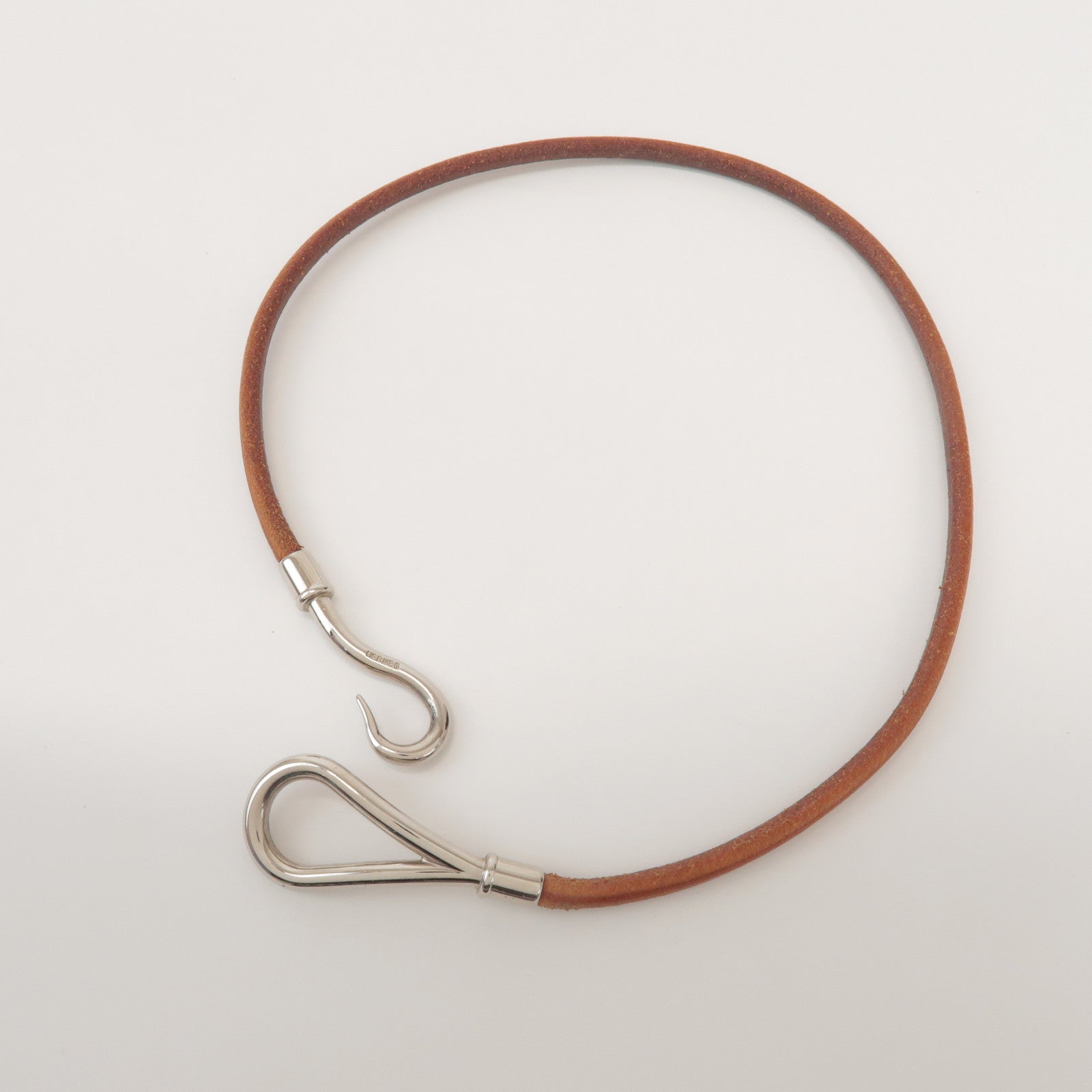 HERMES Jumbo Choker Leather Metal Bracelet Brown Silver