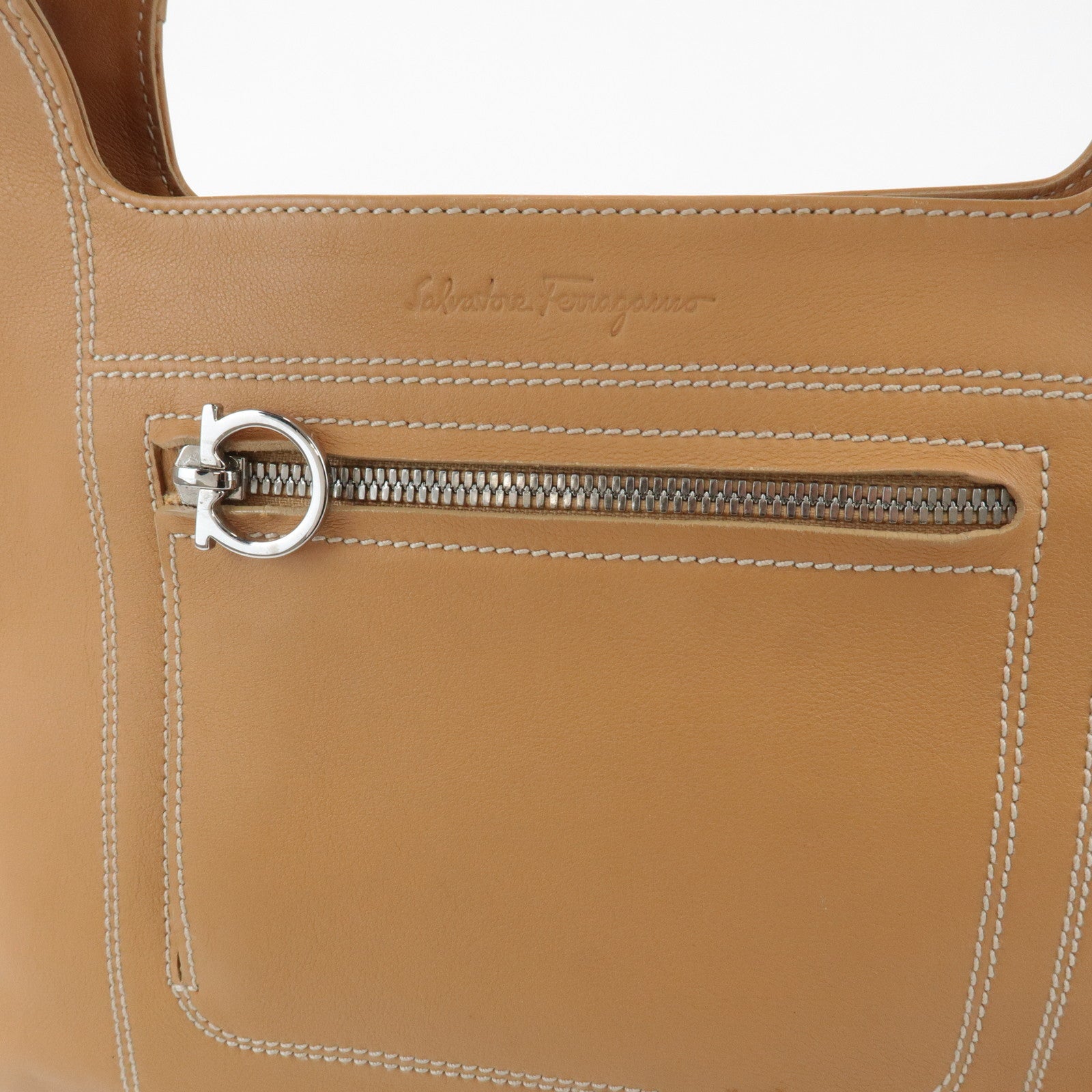 Ferragamo Gancini Leather Shoulder Bag Light Brown Silver HDW Used