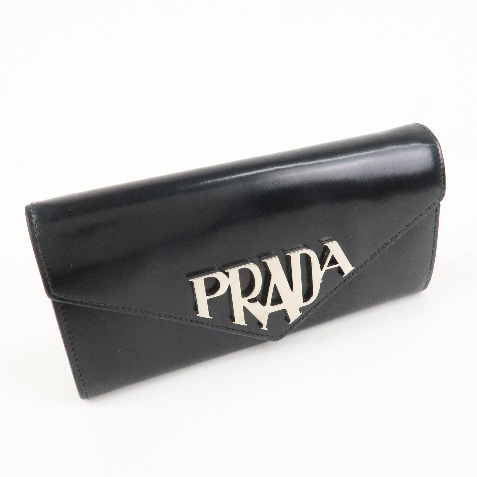 PRADA Leather Bi-Fold Long Wallet Black Silver Hardware 1MH037 Used