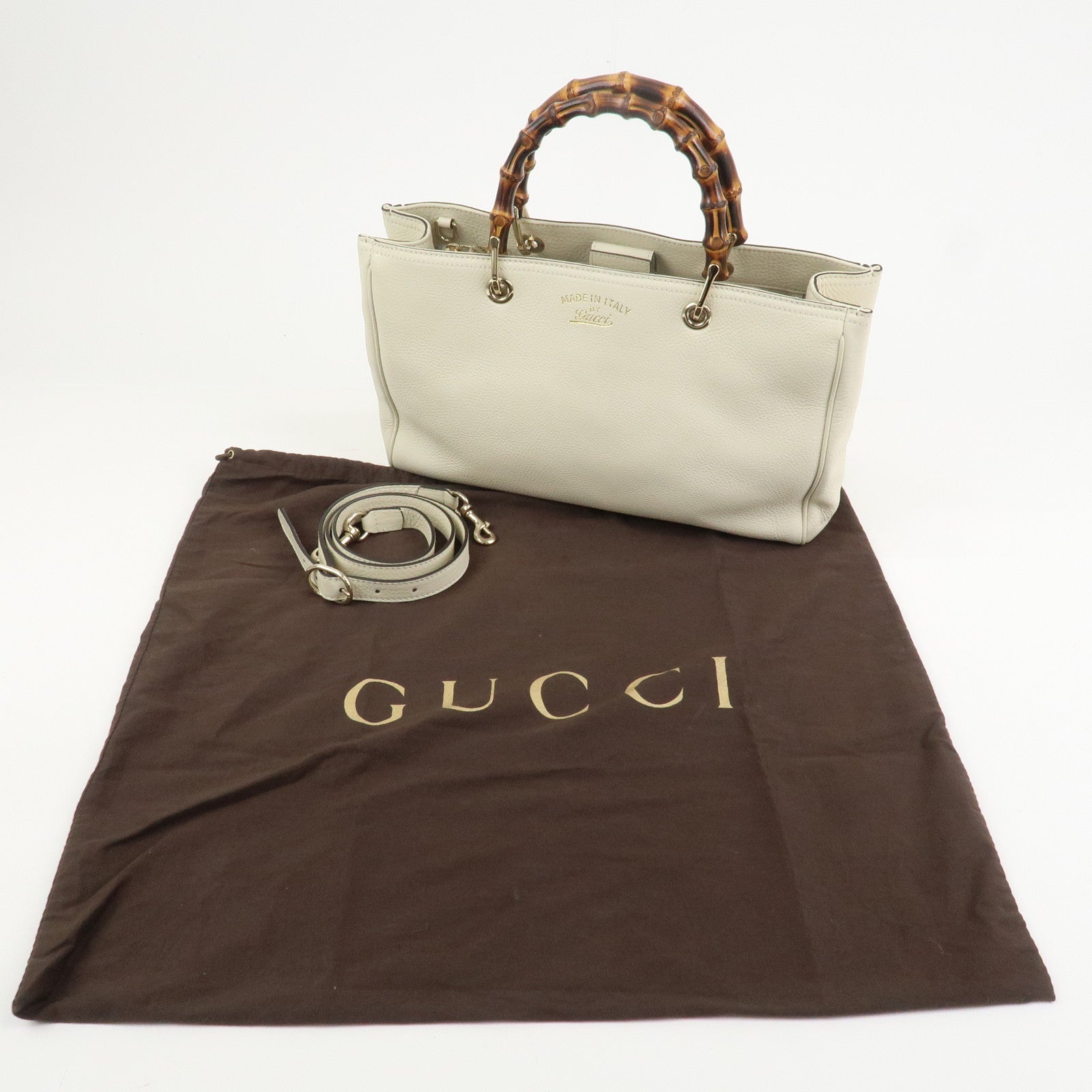 GUCCI Bamboo Leather Shopper Medium 2Way Shoulder Bag Ivory 323660
