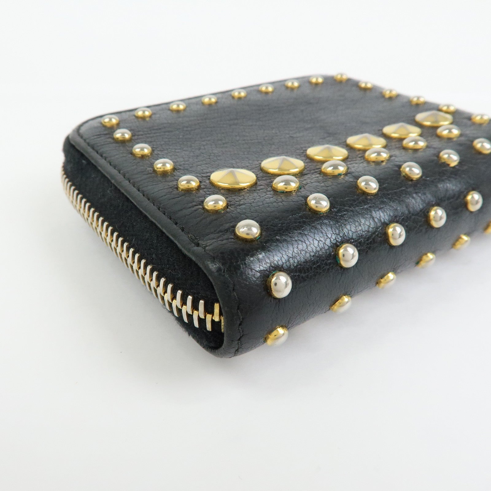 MIU MIU Madras Leather Studs Compact Coin Case Wallet Black