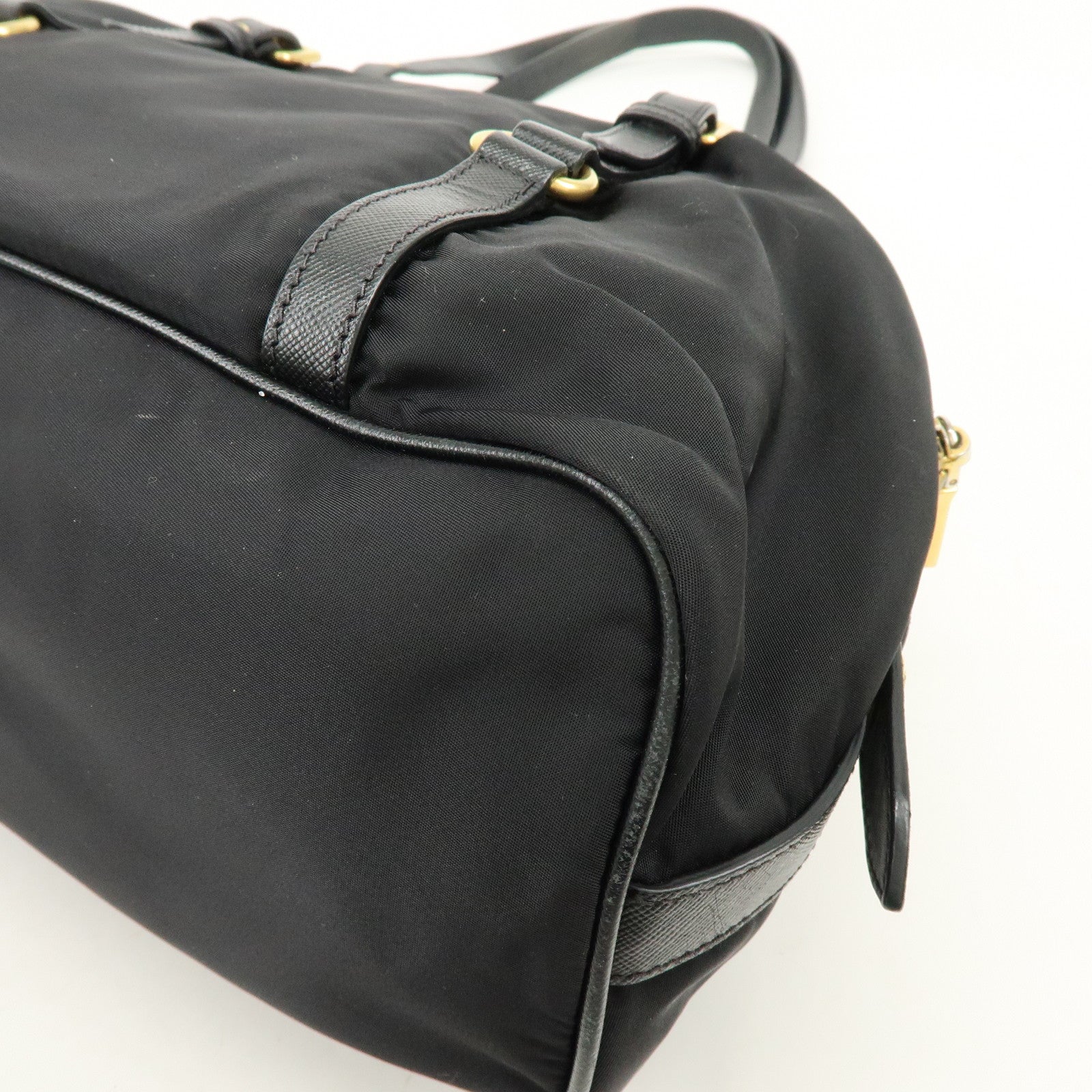 PRADA Logo Nylon Leather Boston Bag Shoulder Bag Black BL0600