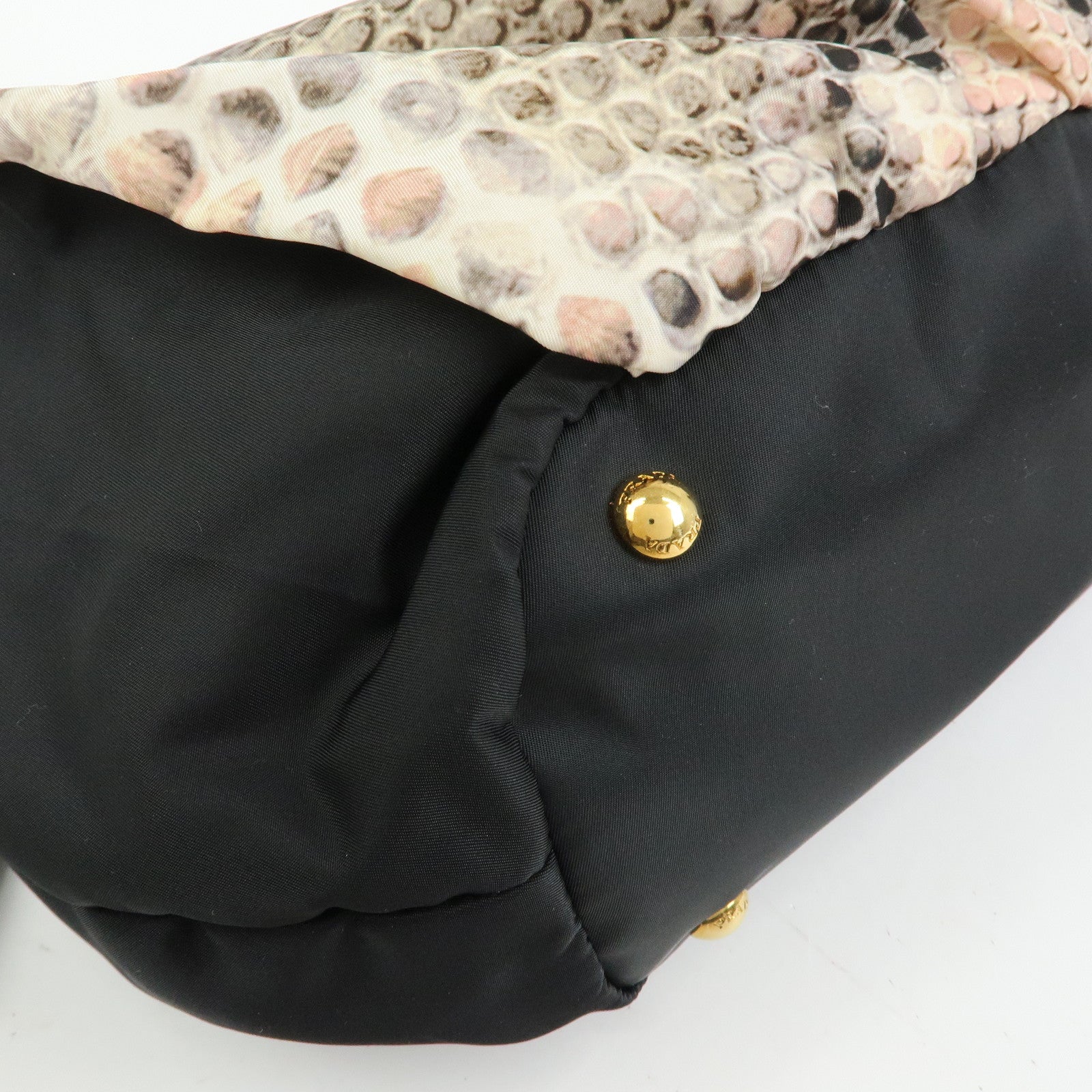 Prada Nylon Leather Ribbon Python Print Tote Bag Black Pink BR4206