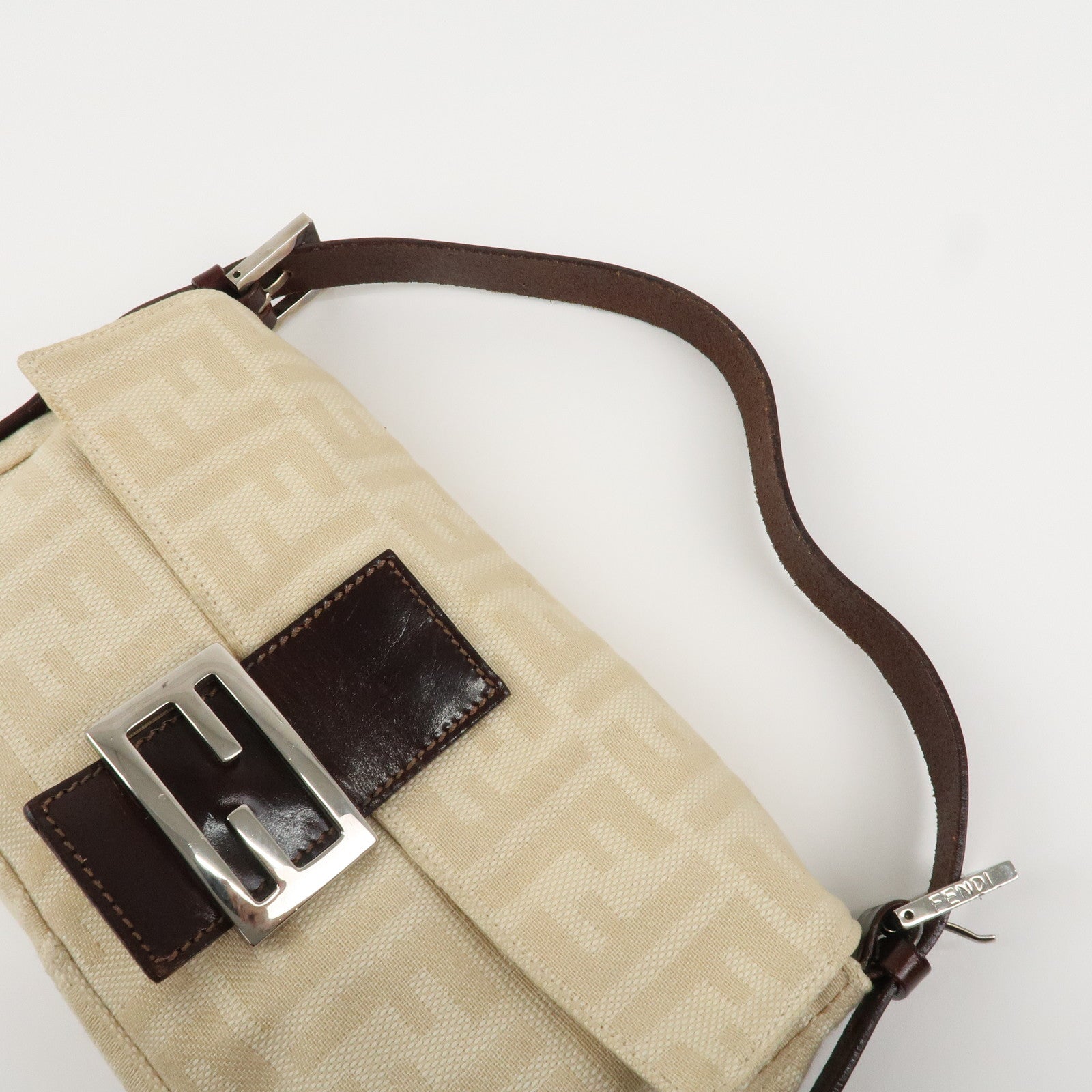 FENDI Mamma Baguette Zucca Leather Canvas Hand Bag Beige Brown 26424 Used