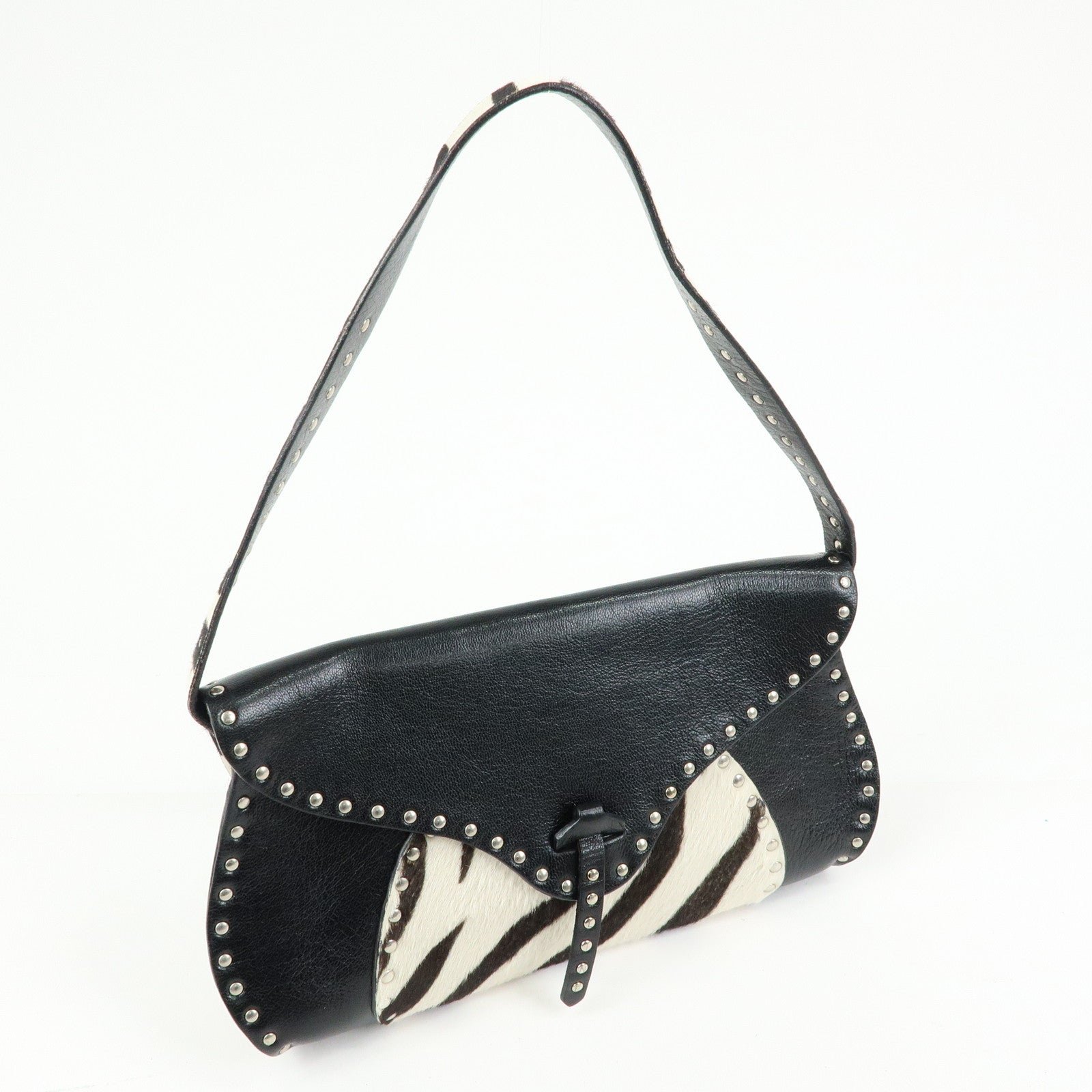 CELINE Haircalf Leather Studs Hand Bag Zebra Print Black White