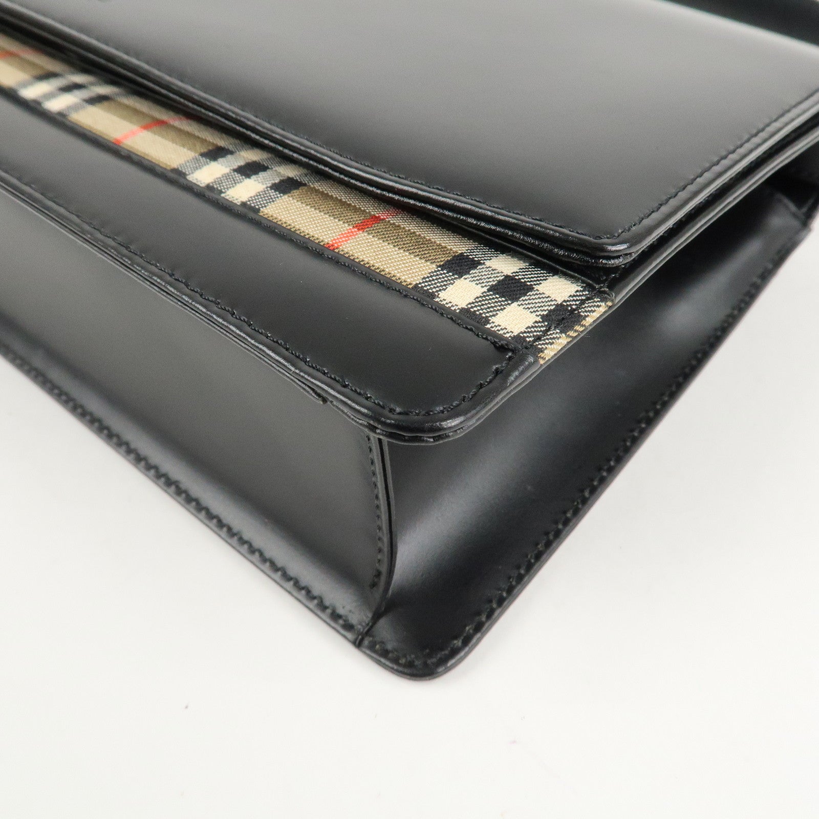 BURBERRY Nova Plaid PVC Leather Shoulder Bag Hand Bag Black Beige Used