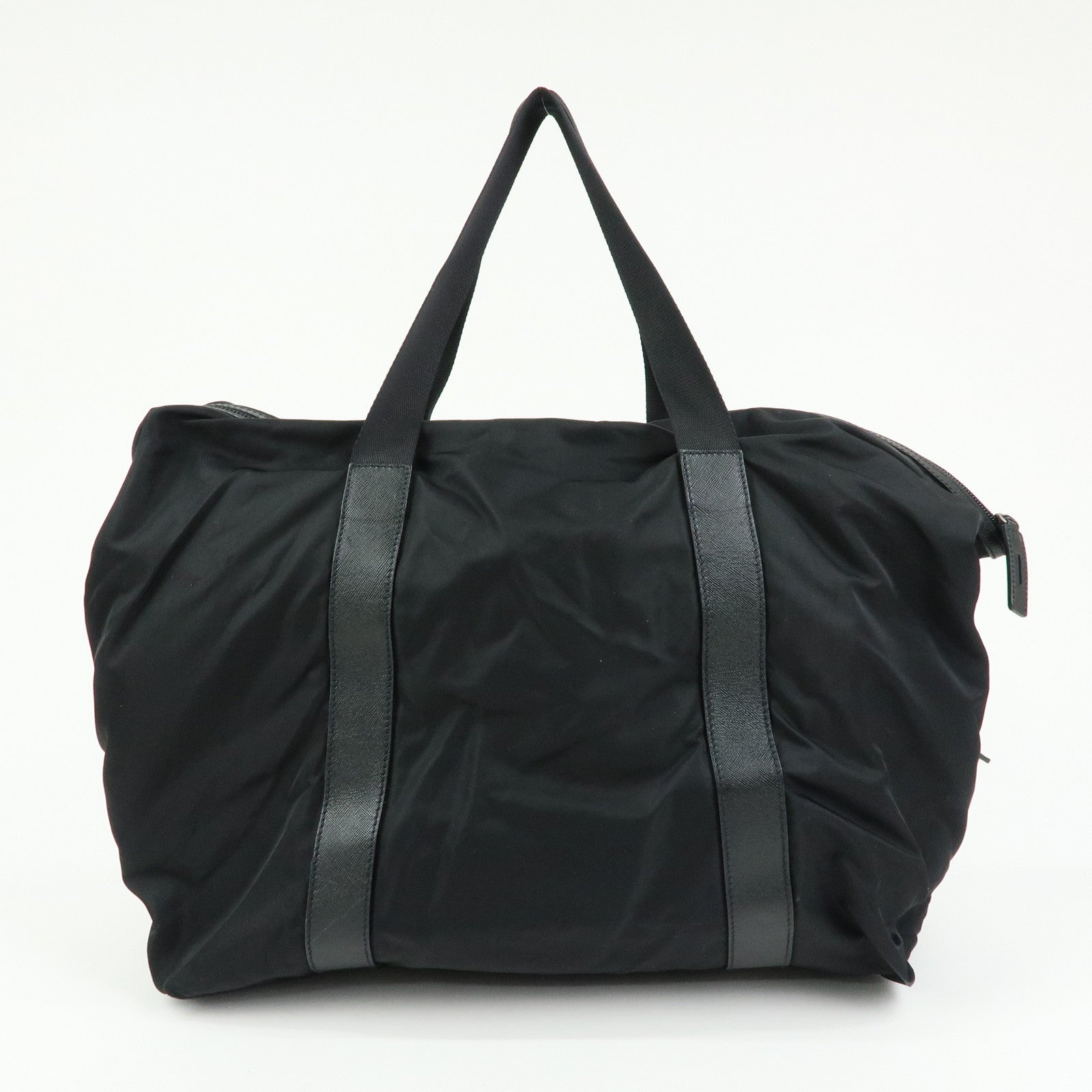 PRADA Triangle Logo Nylon Leather Boston Bag Hand Bag Black