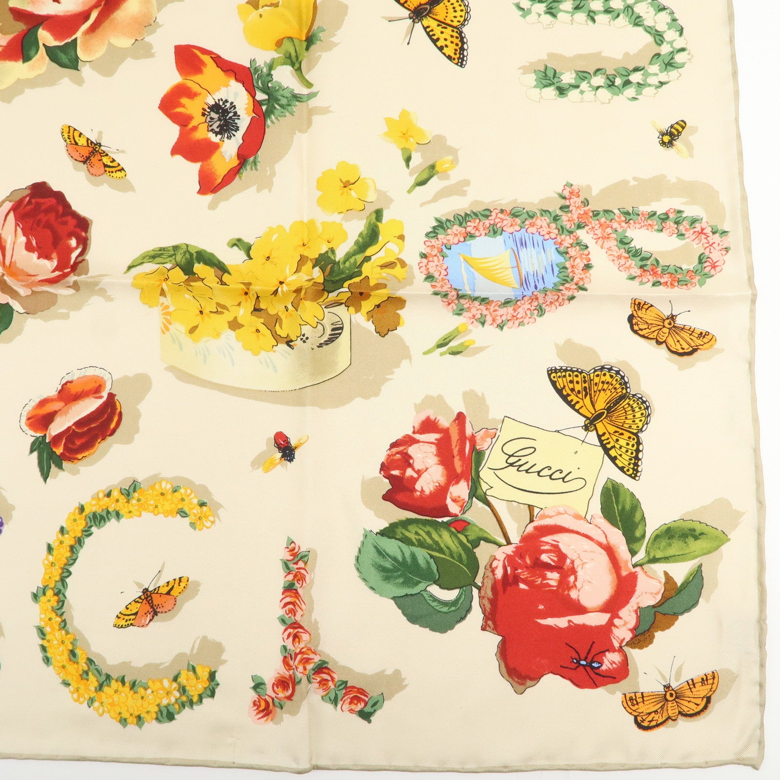 GUCCI Silk 100% Botanical Scarf Beige Multicolor