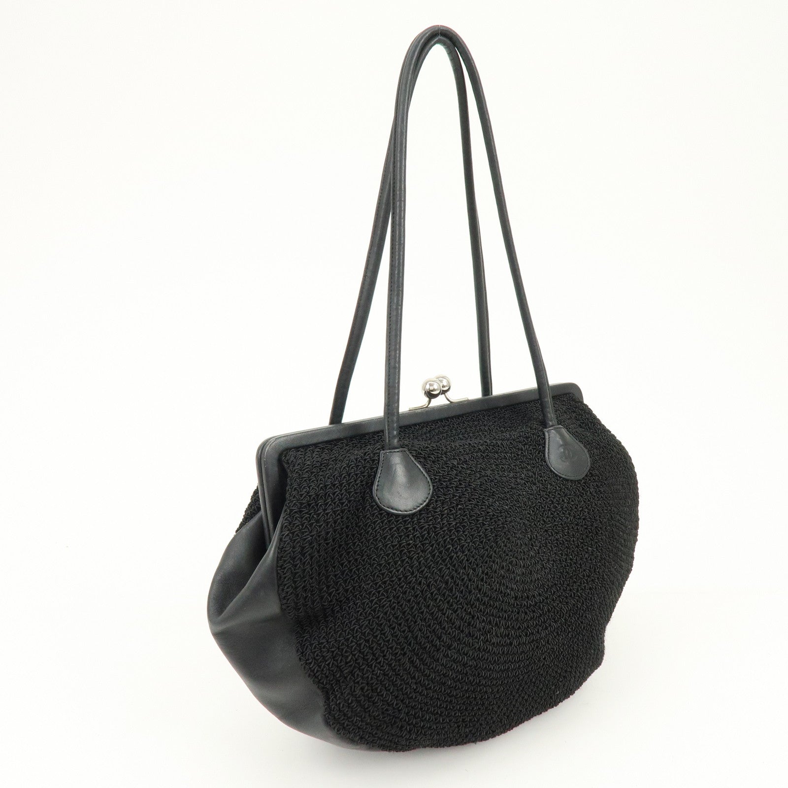 CHANEL COCO Mark Nylon Leather Kiss Lock Purse Shoulder Bag Black
