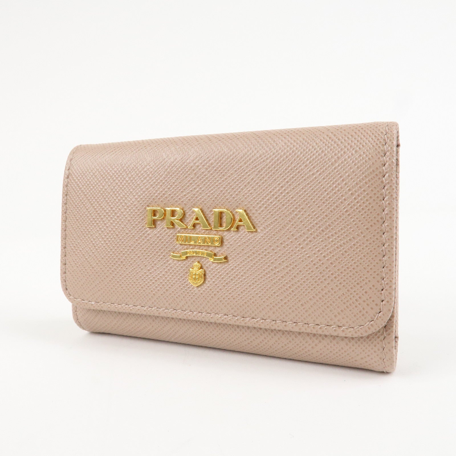 PRADA Logo Leather 4 Rings Key Case Key Holder Beige 1PG004 Used