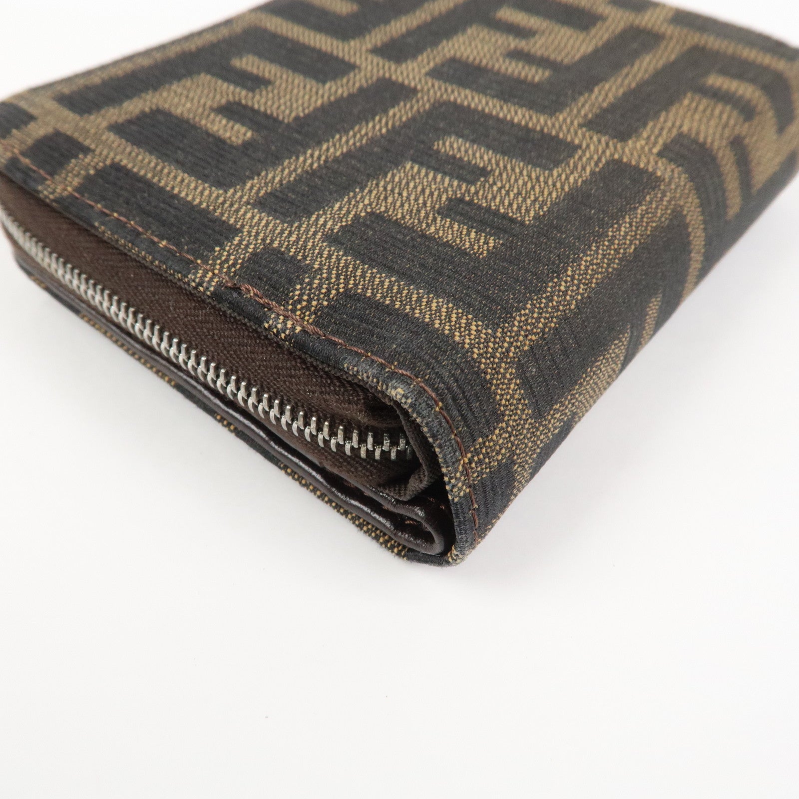 FENDI Zucca Canvas Leather Bi-fold Compact Wallet Brown Black 16348