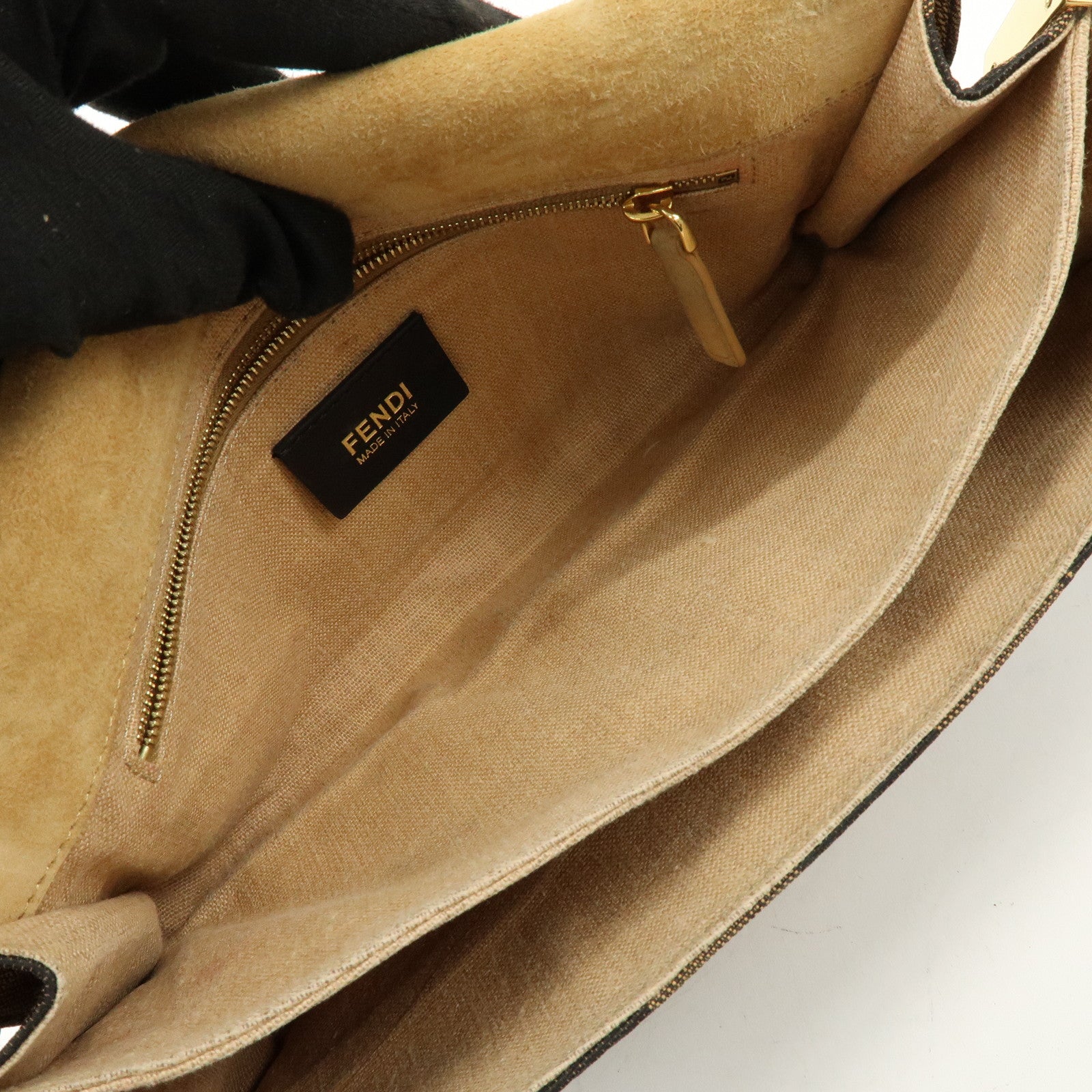 FENDI Pequin Canvas Leather Shoulder Bag Brown Black 8BT204