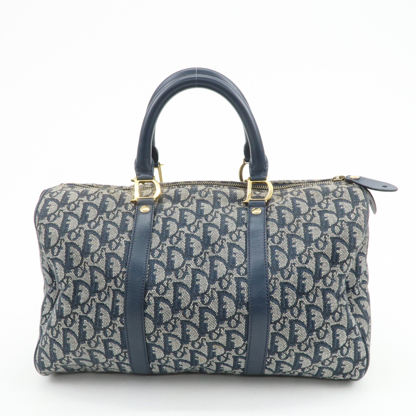 Christian Dior Trotter Jacquard Canvas Leather Boston Bag Navy