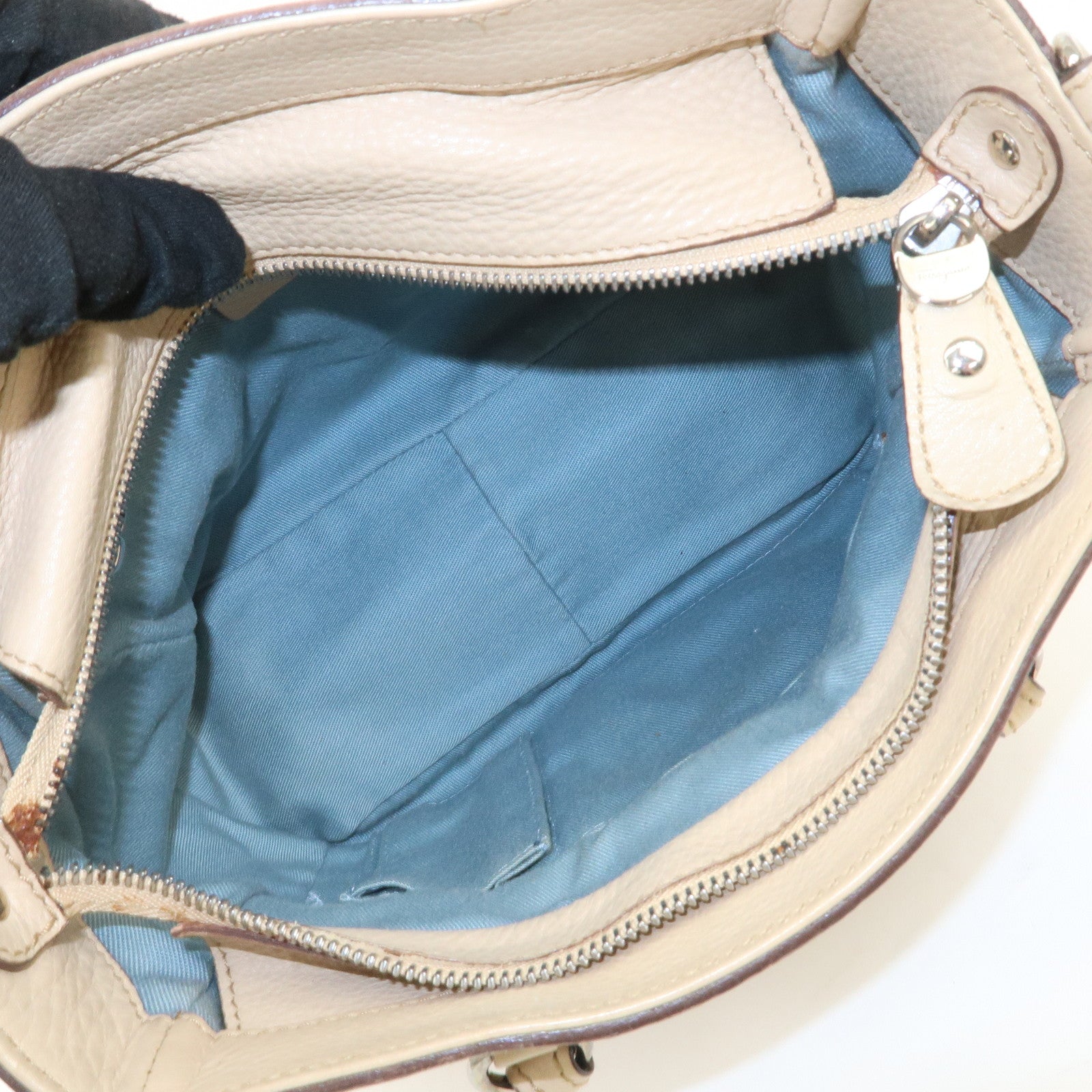 Ferragamo Gancini Leather 2Way Bag Hand Bag Shoulder Bag Beige