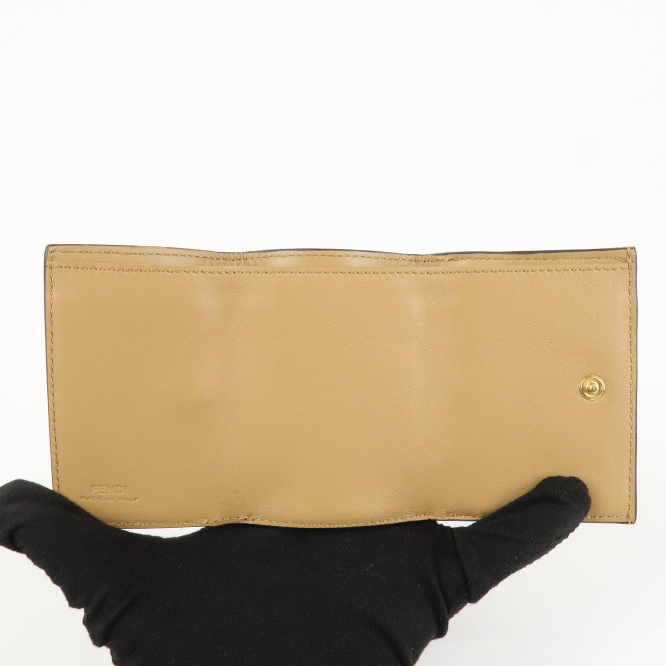 FENDI Zucca Baguette Leather Micro Tri-fold Wallet Beige 8M0395 Used
