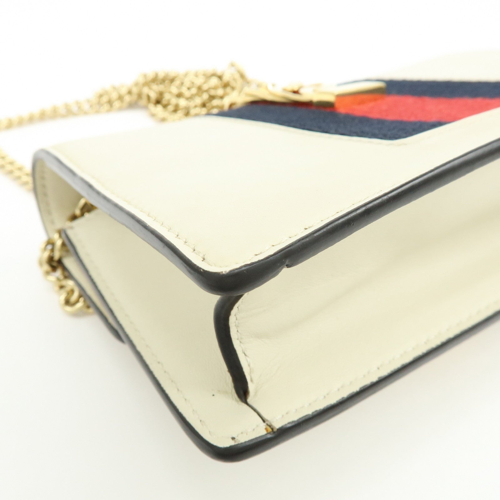 GUCCI Sherry Silvie Leather Canvas Chain Shoulder Bag White 494646