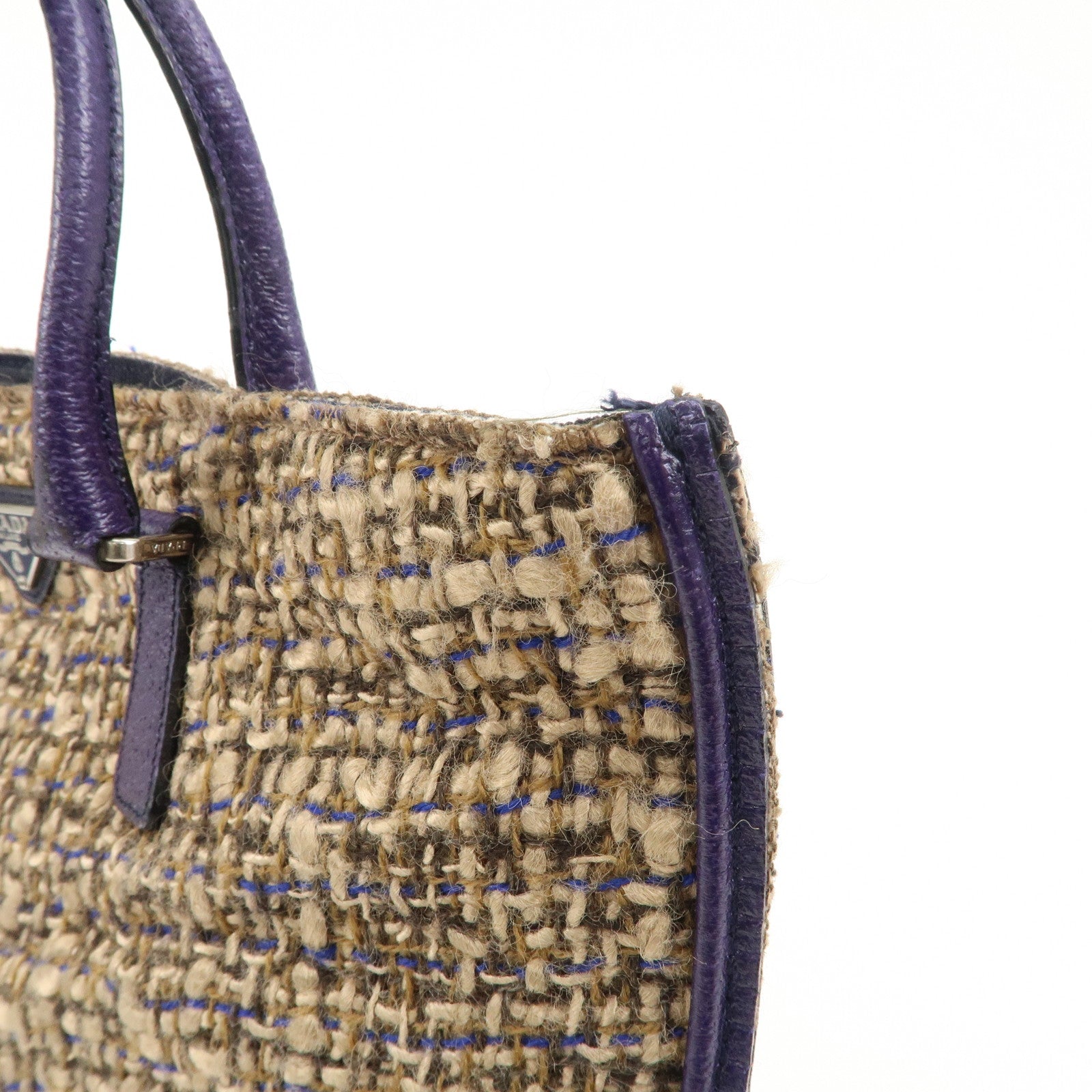 PRADA Triangle Logo Tweed Leather Tote Bag Purple Beige B11261 Used