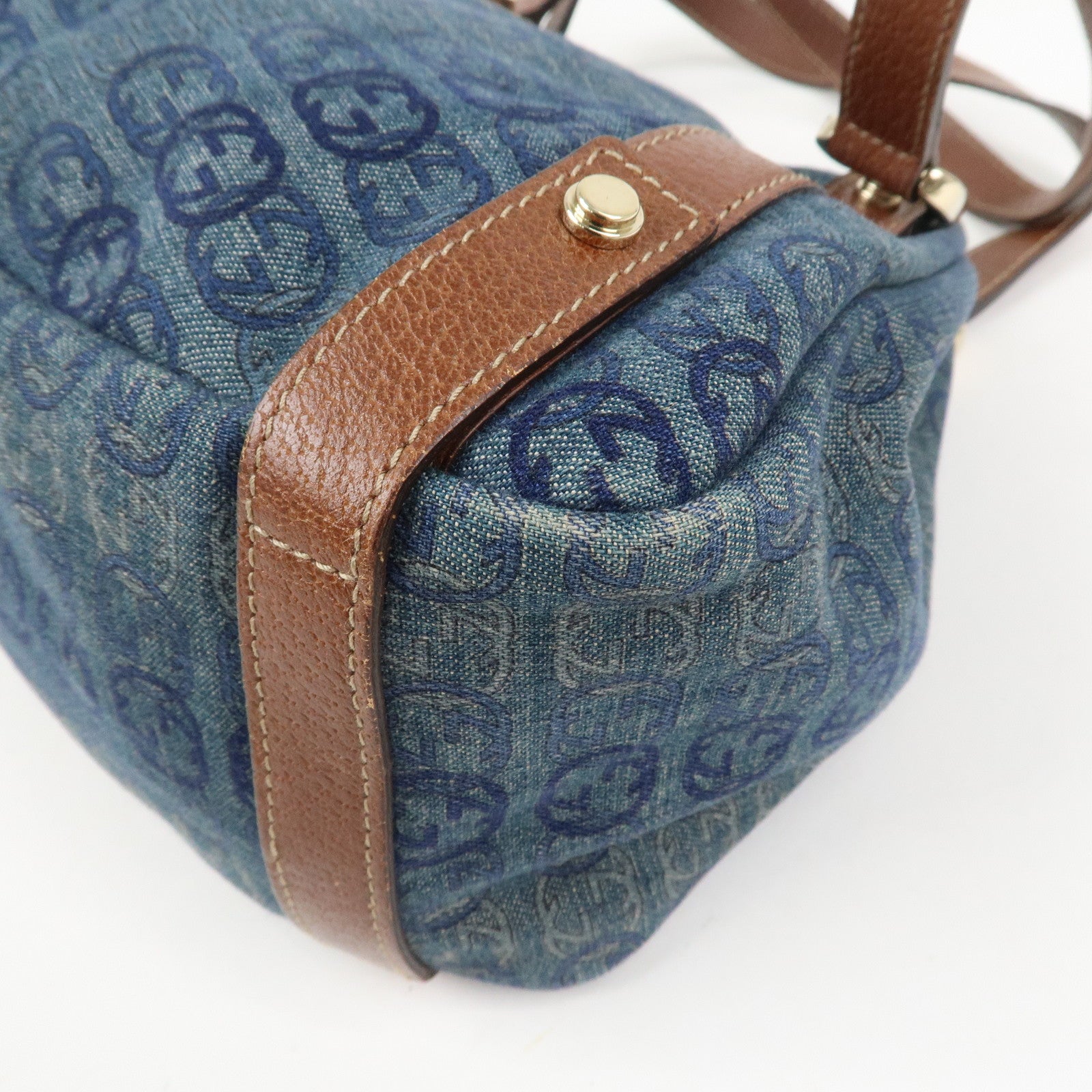 GUCCI Abbey Logo GG Denim Leather Tote Hand Bag Blue Brown 130736