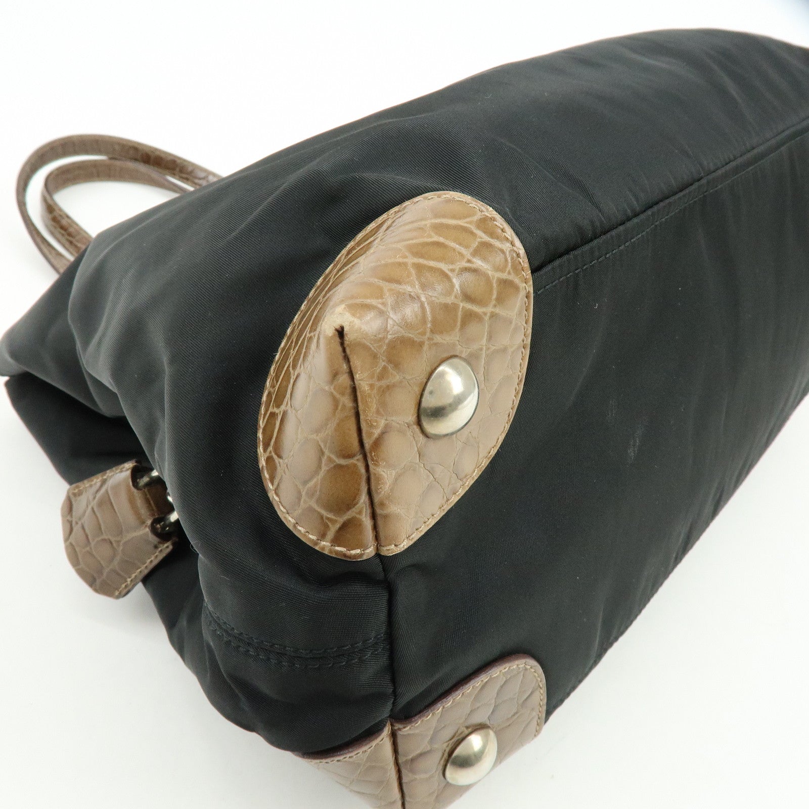 PRADA Triangle Logo Nylon Embossed Leather Tote Bag Black Brown