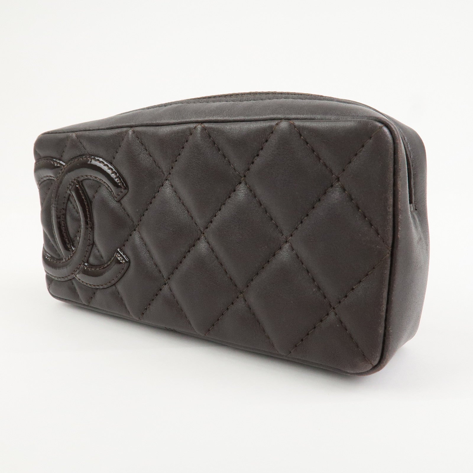 CHANEL Cambon Line COCO Mark Lambskin Cosmetic Pouch Brown
