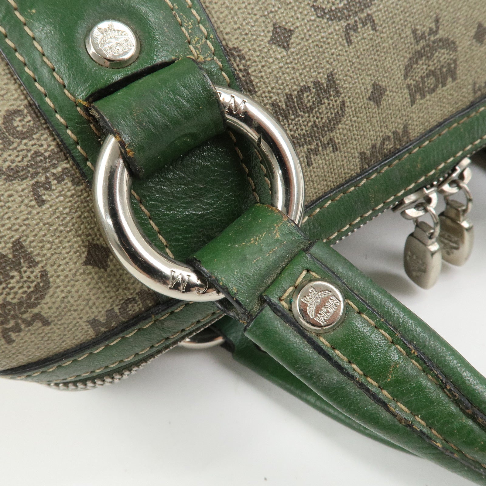 MCM Visetos PVC Coating Canvas Leather Boston Bag Beige Green