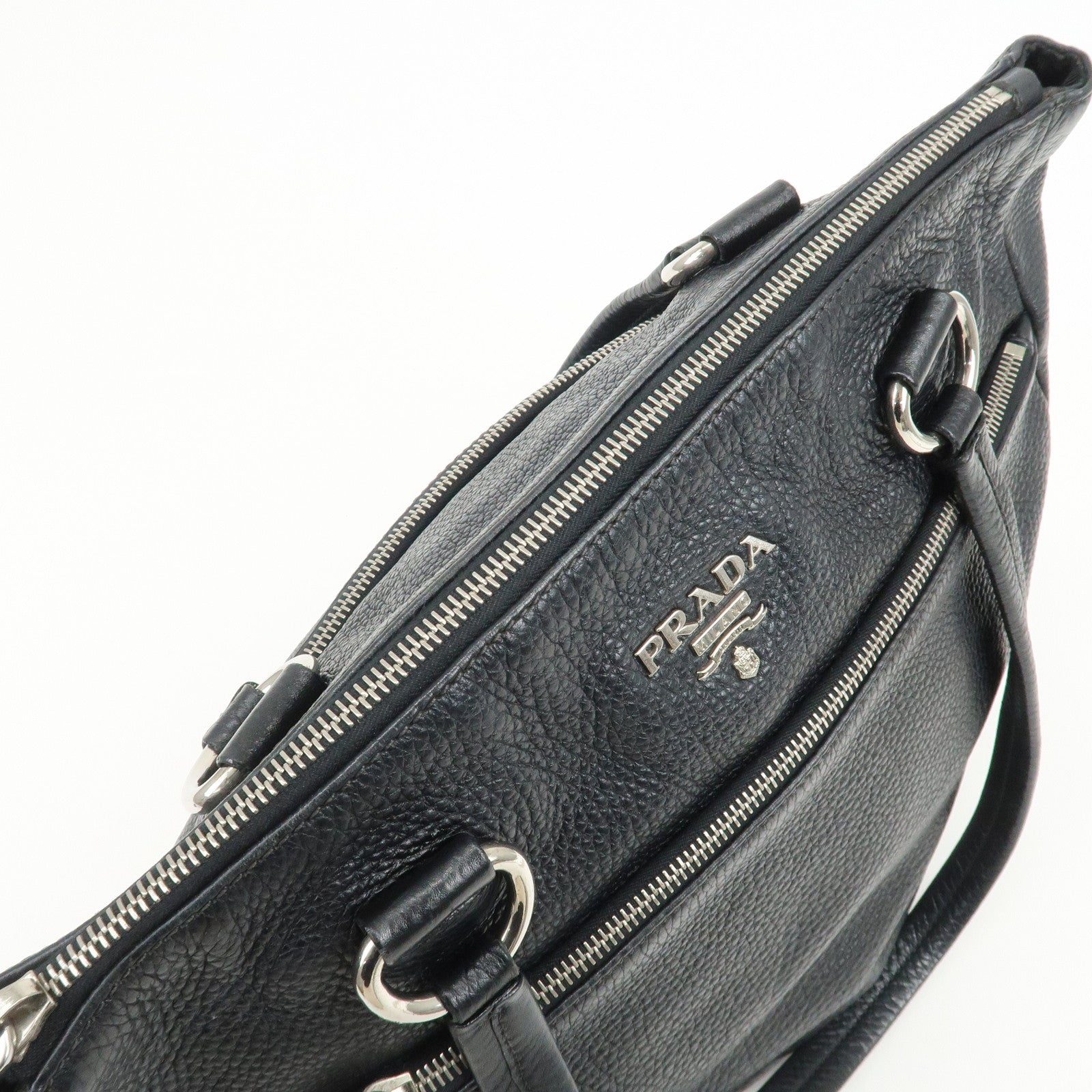 PRADA Logo Leather Shoulder Bag Hand Bag Tote Bag Black