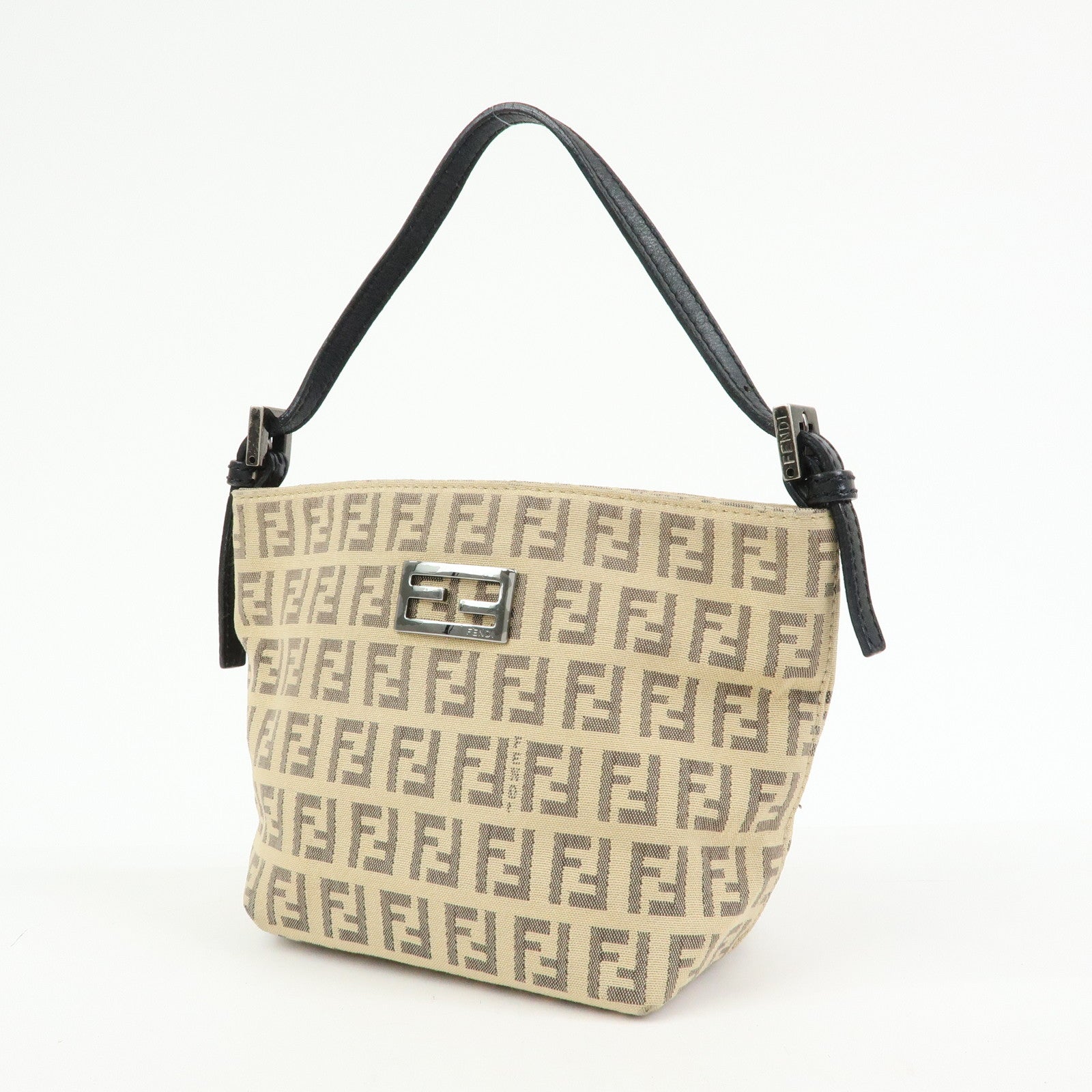 FENDI Zucchino Canvas Leather Mini Hand Bag Beige Black 8BK031