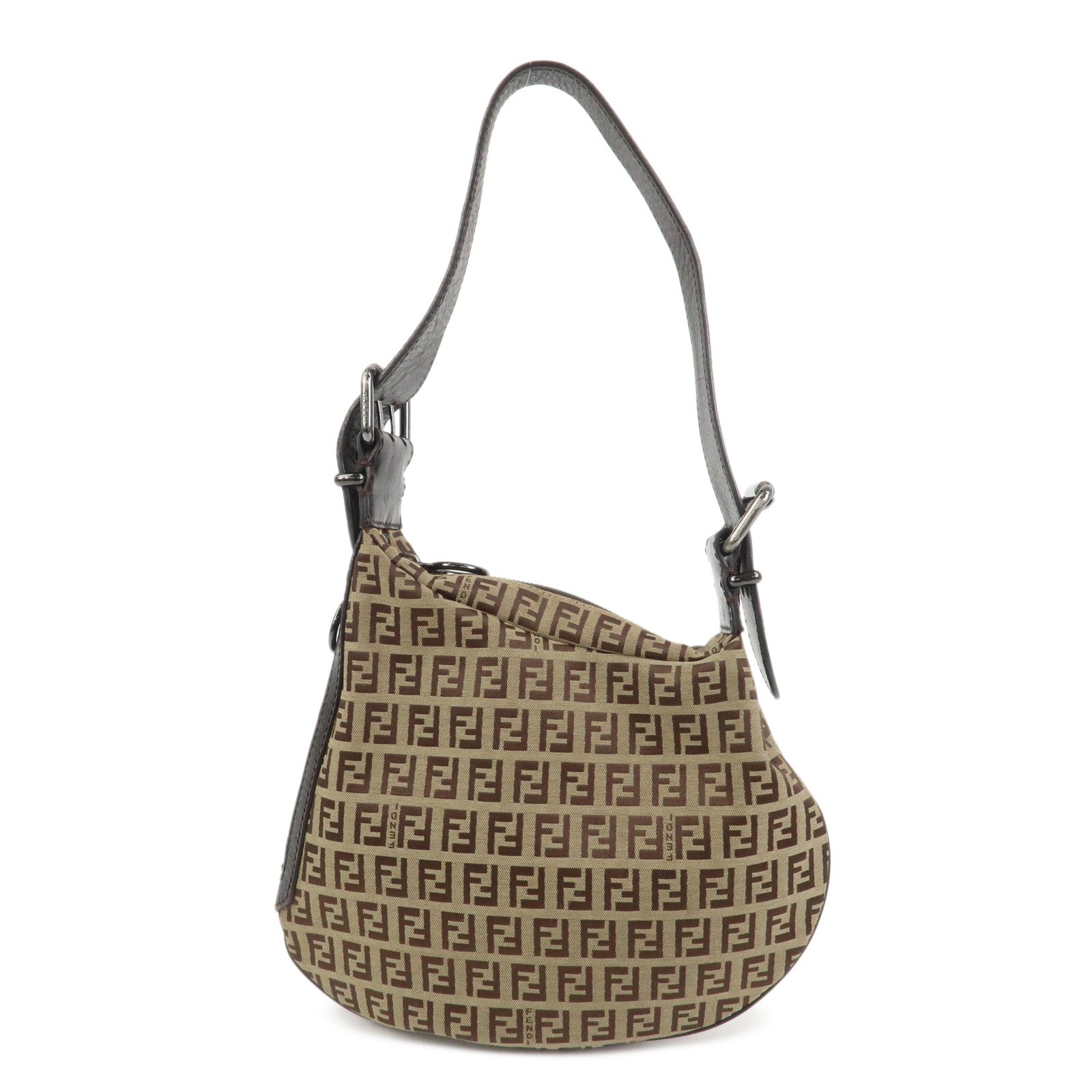 FENDI Zucchino Canvas Leather Shoulder Bag Hand Bag Brown