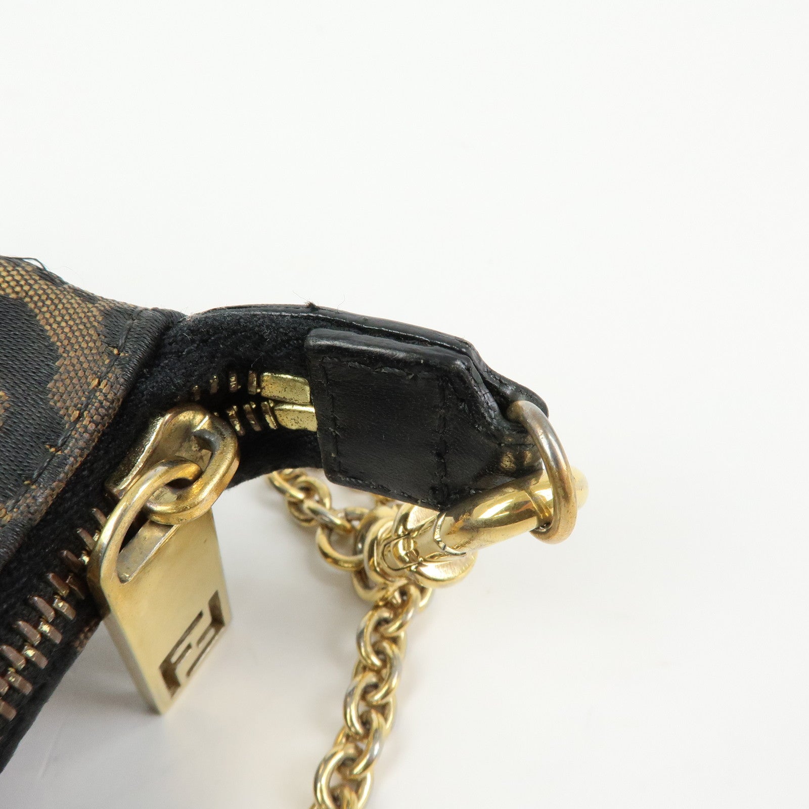 FENDI Canvas Leather Leopard Chain Hand Bag Brown Black 8M0264