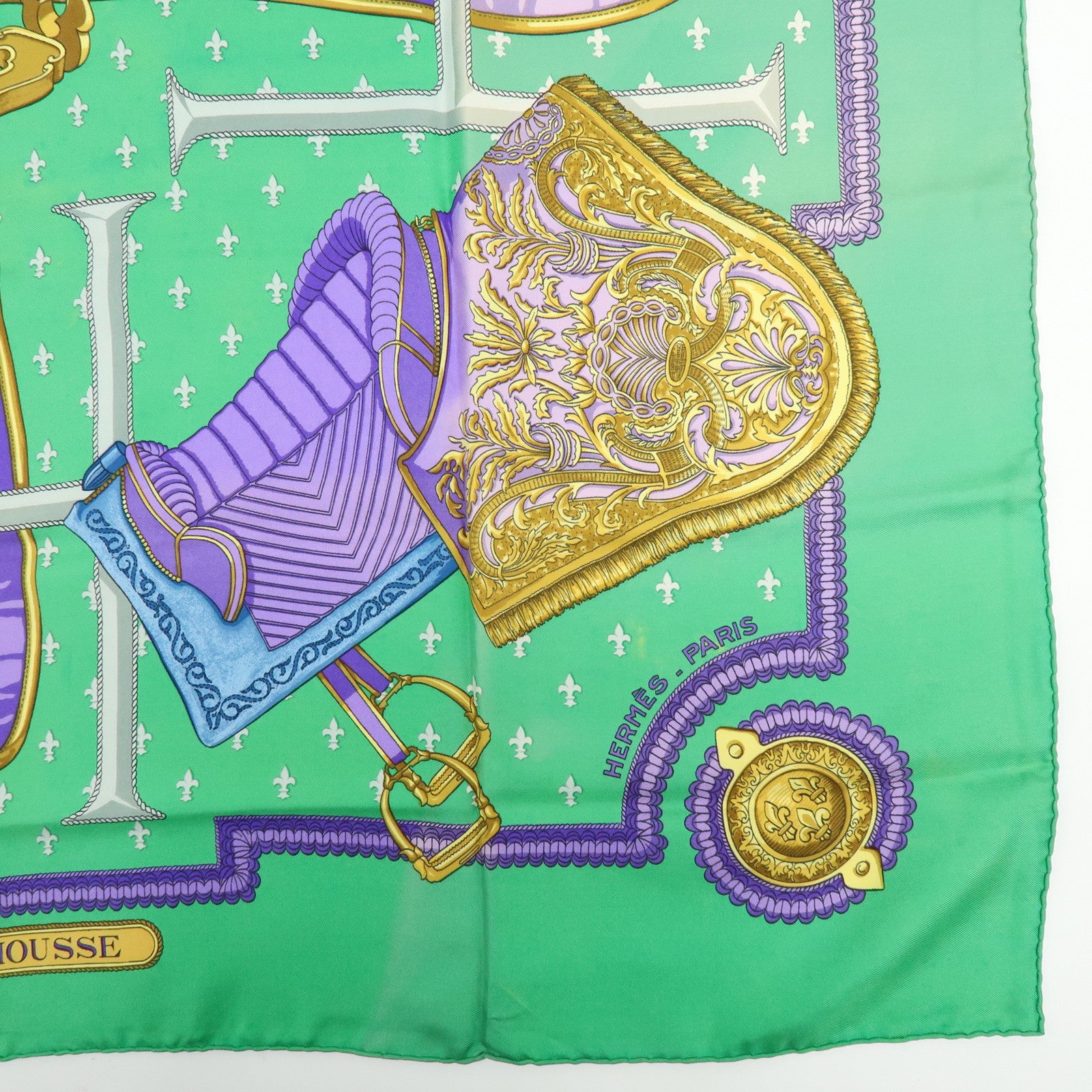 HERMES Carre 90 Set of 2 Silk 100% Scarf Navy Ivory Green Purple