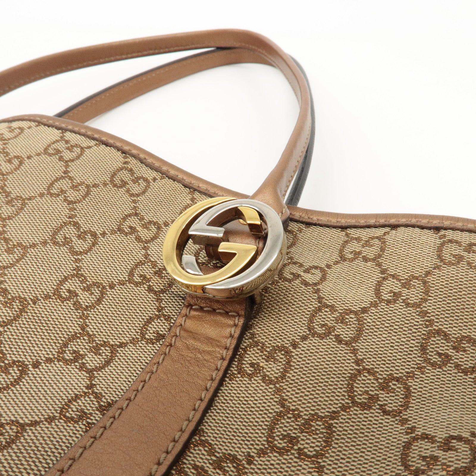 GUCCI GG Twins GG Canvas Leather Tote Bag Beige Bronze 232957 Used