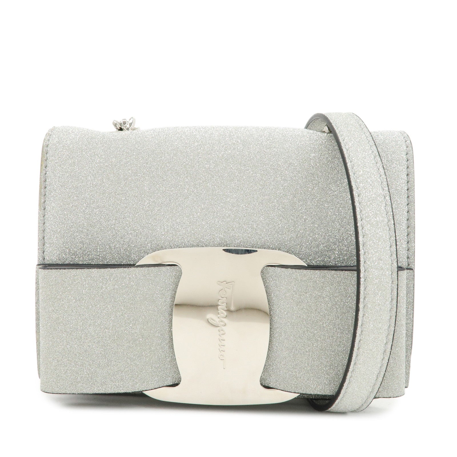 Ferragamo Vara Ribbon Leather 2WAY Bag Shoulder Bag Silver