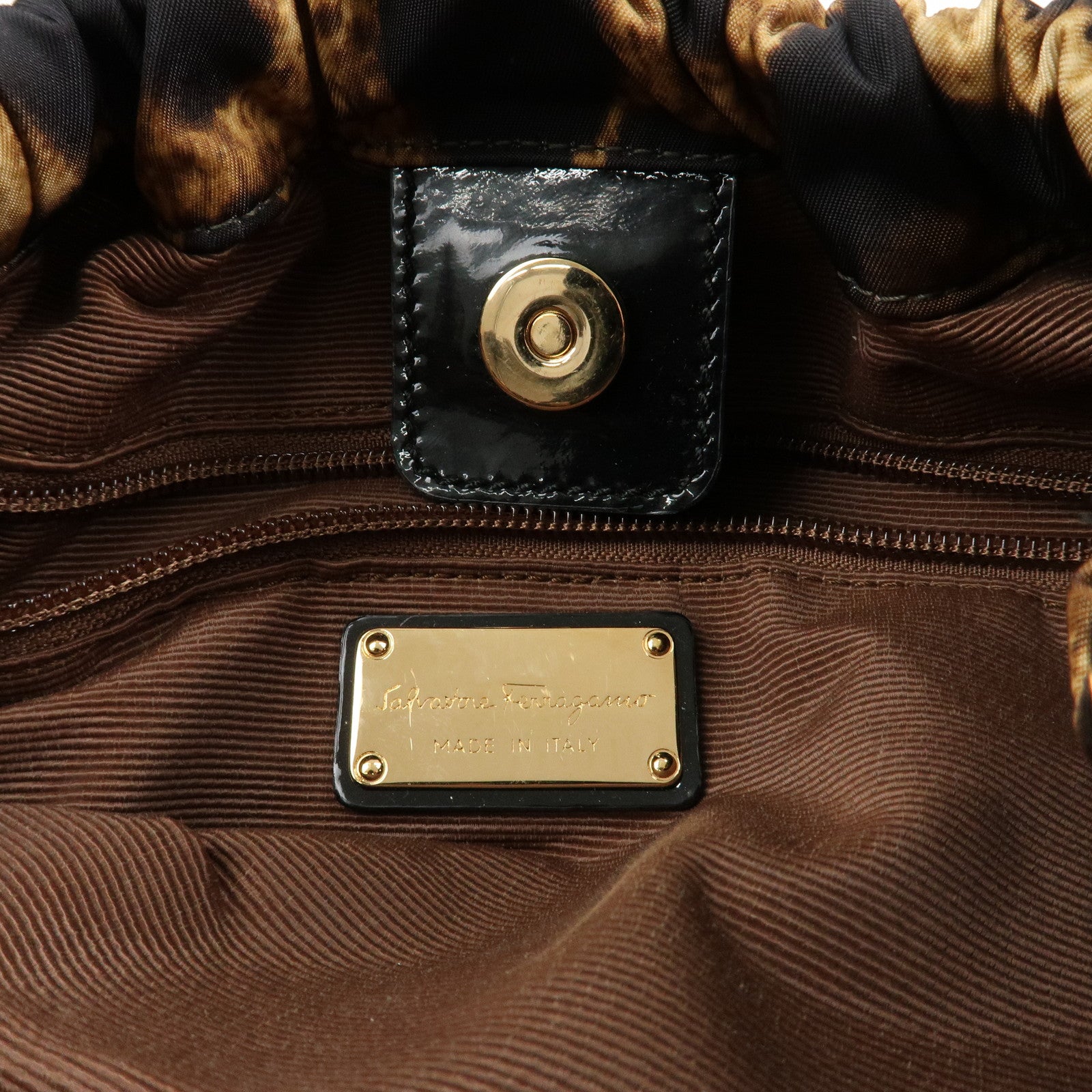 Ferragamo Vara Ribbon Nylon Patent Leather Shoulder Bag Leopard