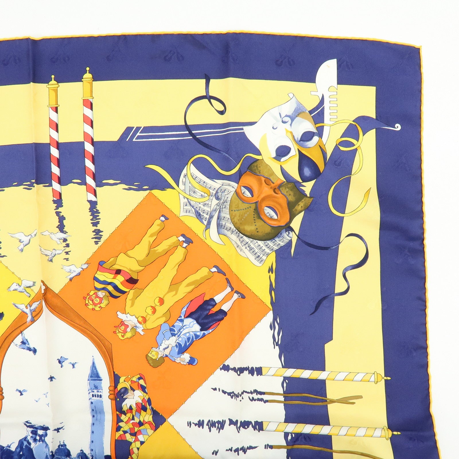 HERMES Carre 90 Silk 100% Scarf LE CARNAVAL DE VENISE Yellow Navy