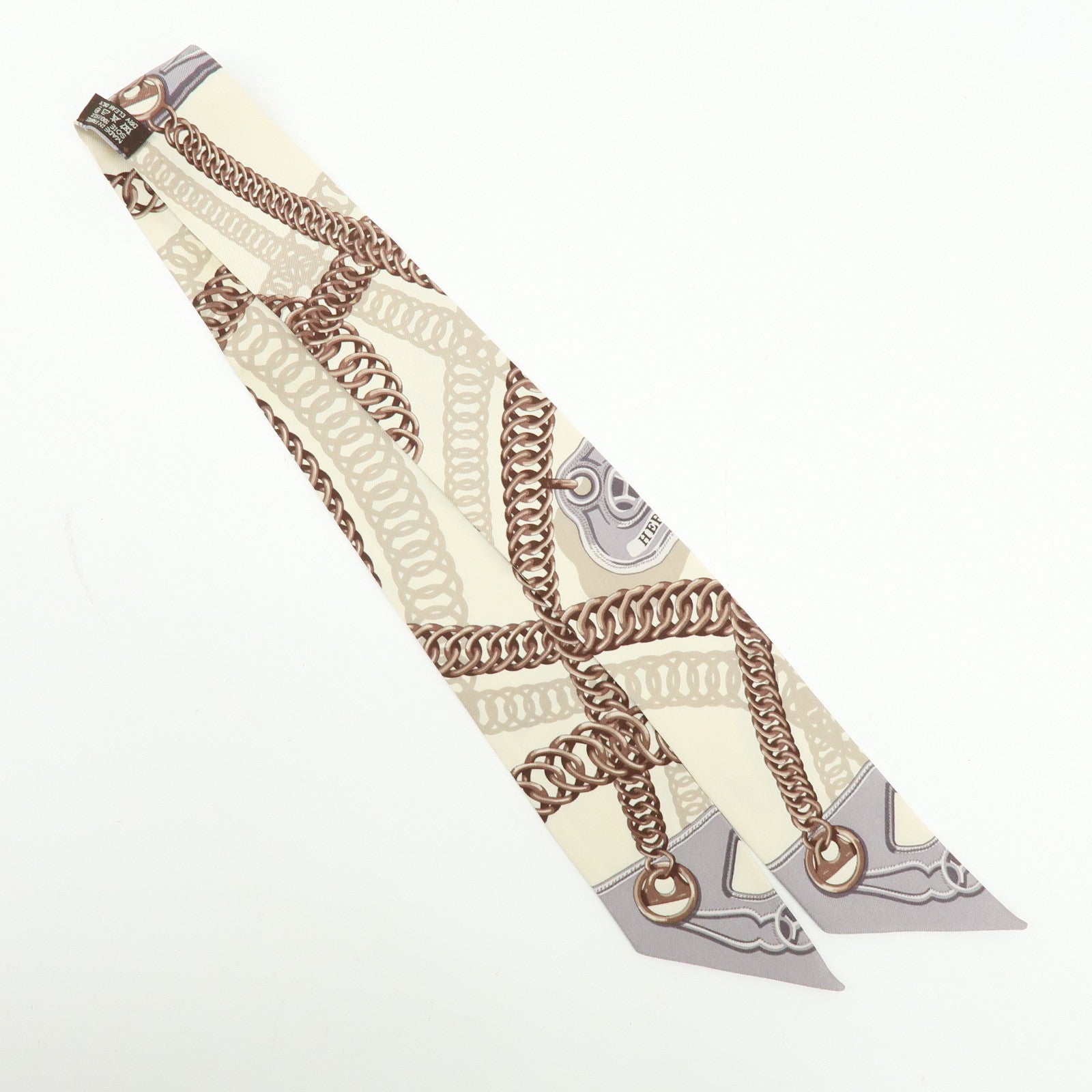HERMES Twilly Silk 100% Scarf Chain Print Ivory Brown