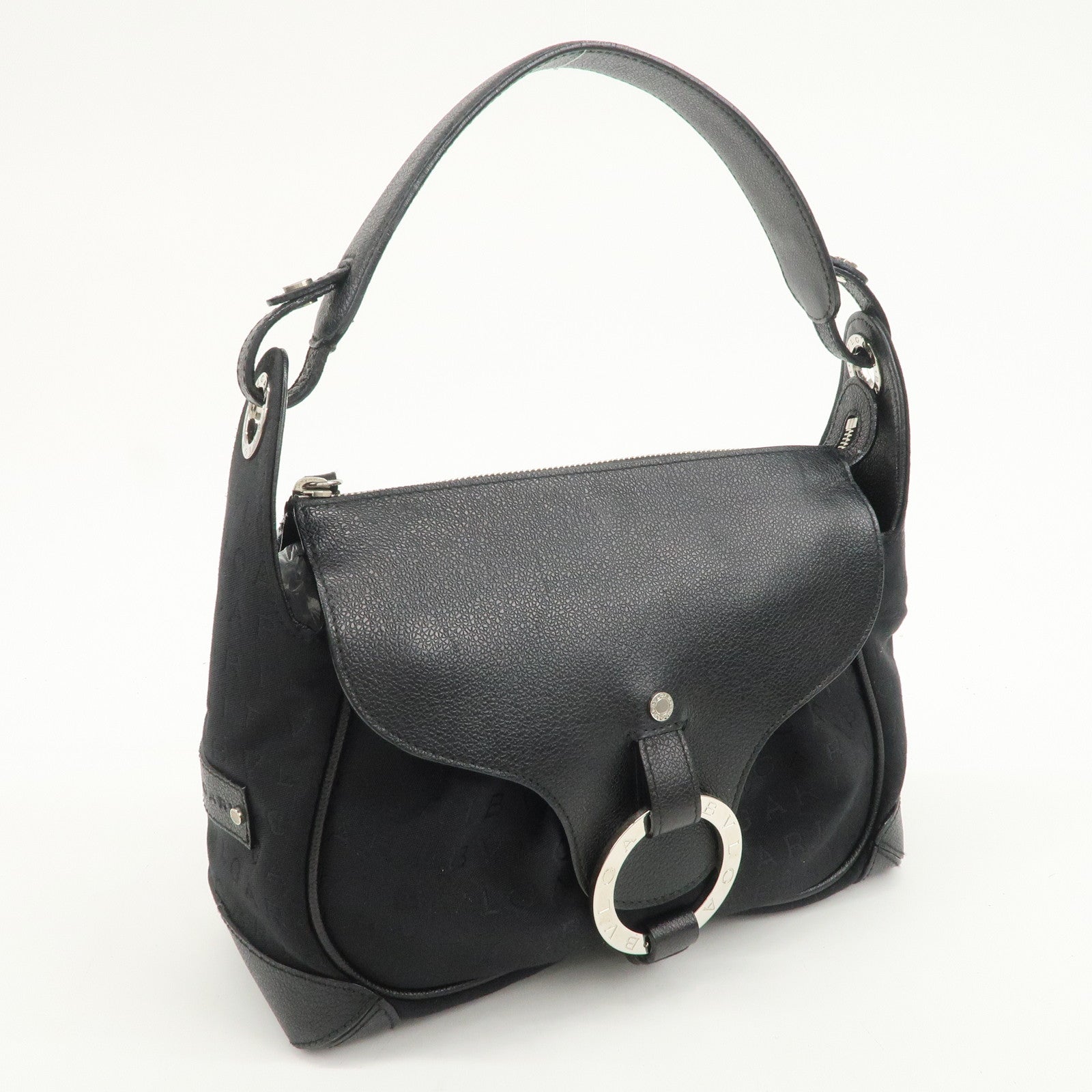 BVLGARI Logo Mania Canvas Leather Hand Bag Shoulder Bag Black