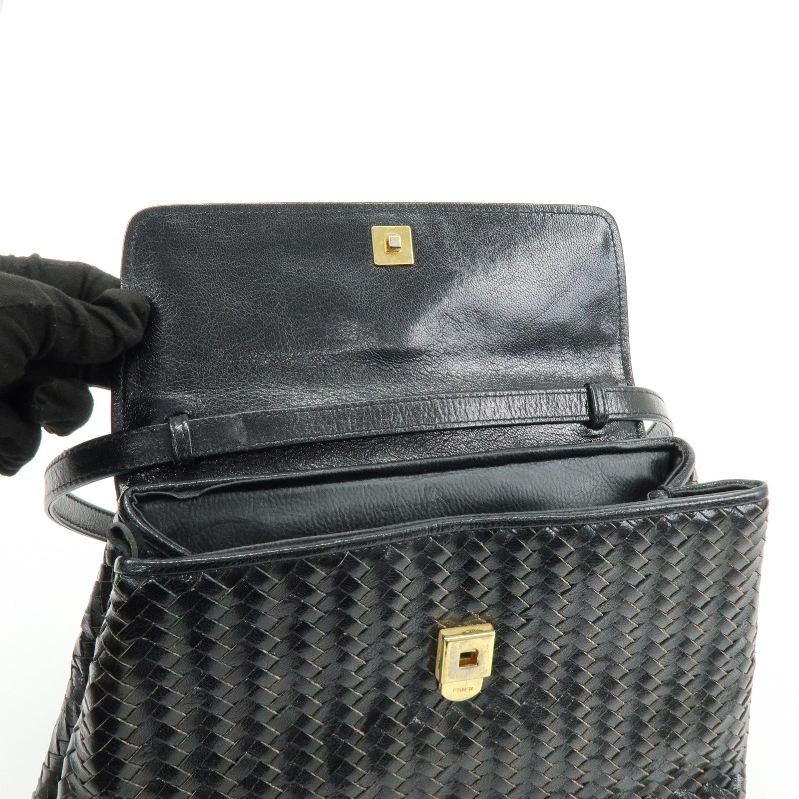 FENDI Leather 2Way Bag Hand Bag Shoulder Bag Black c-13742-2