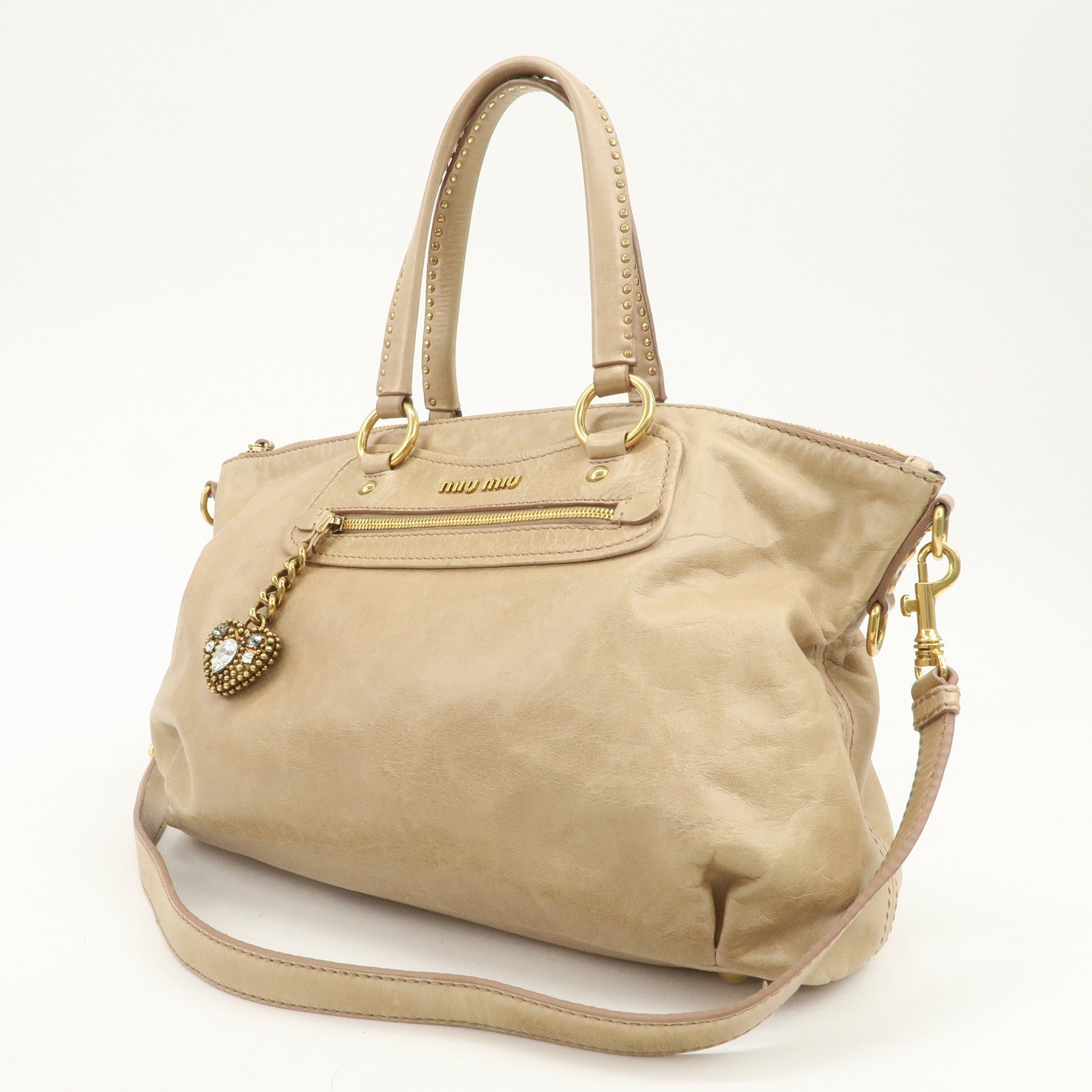 MIU MIU Logo Leather 2Way Bag Hand Bag Shoulder Bag Beige RN0728