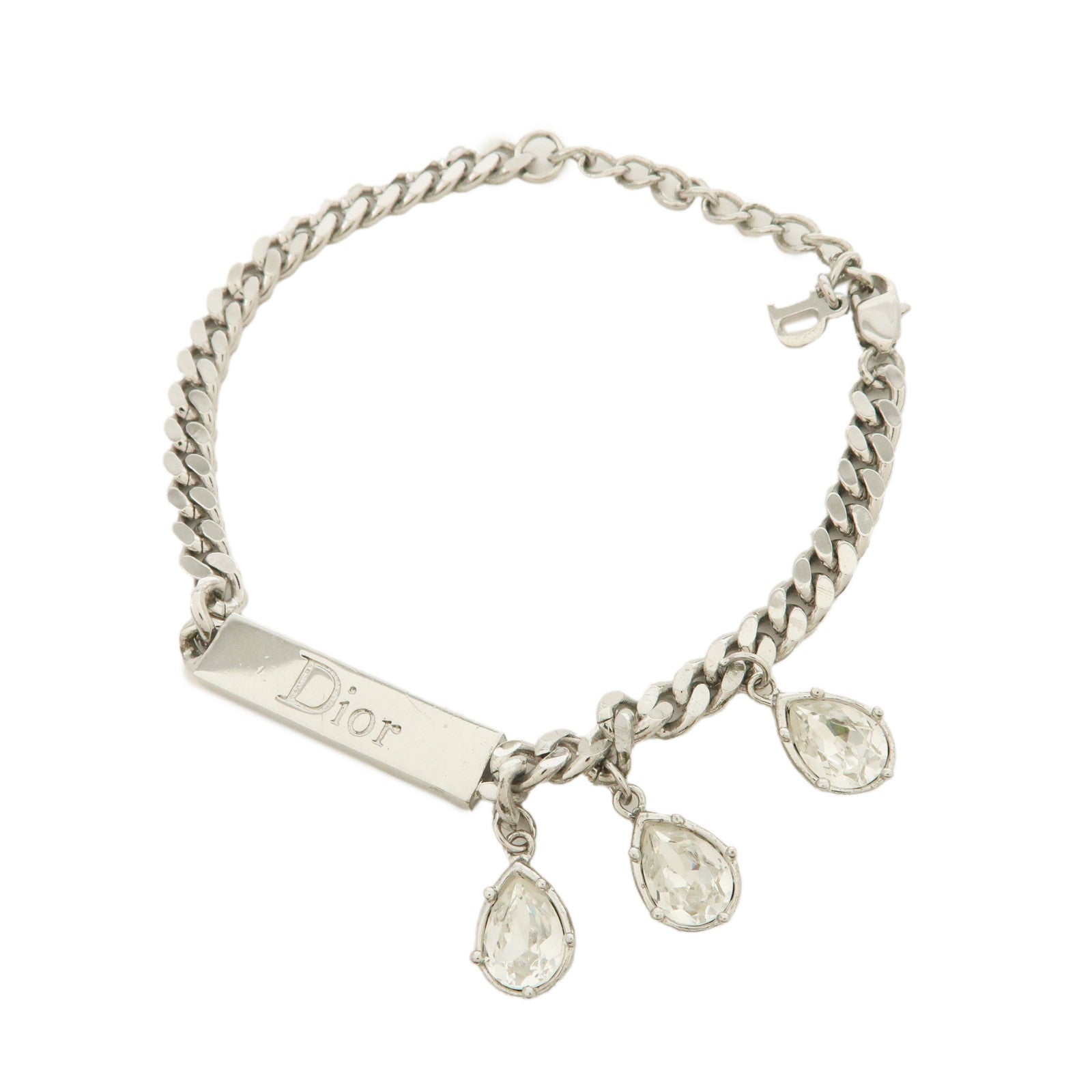 Christian Dior Teardrop shaped Rhinestone Metal Bracelet Silver