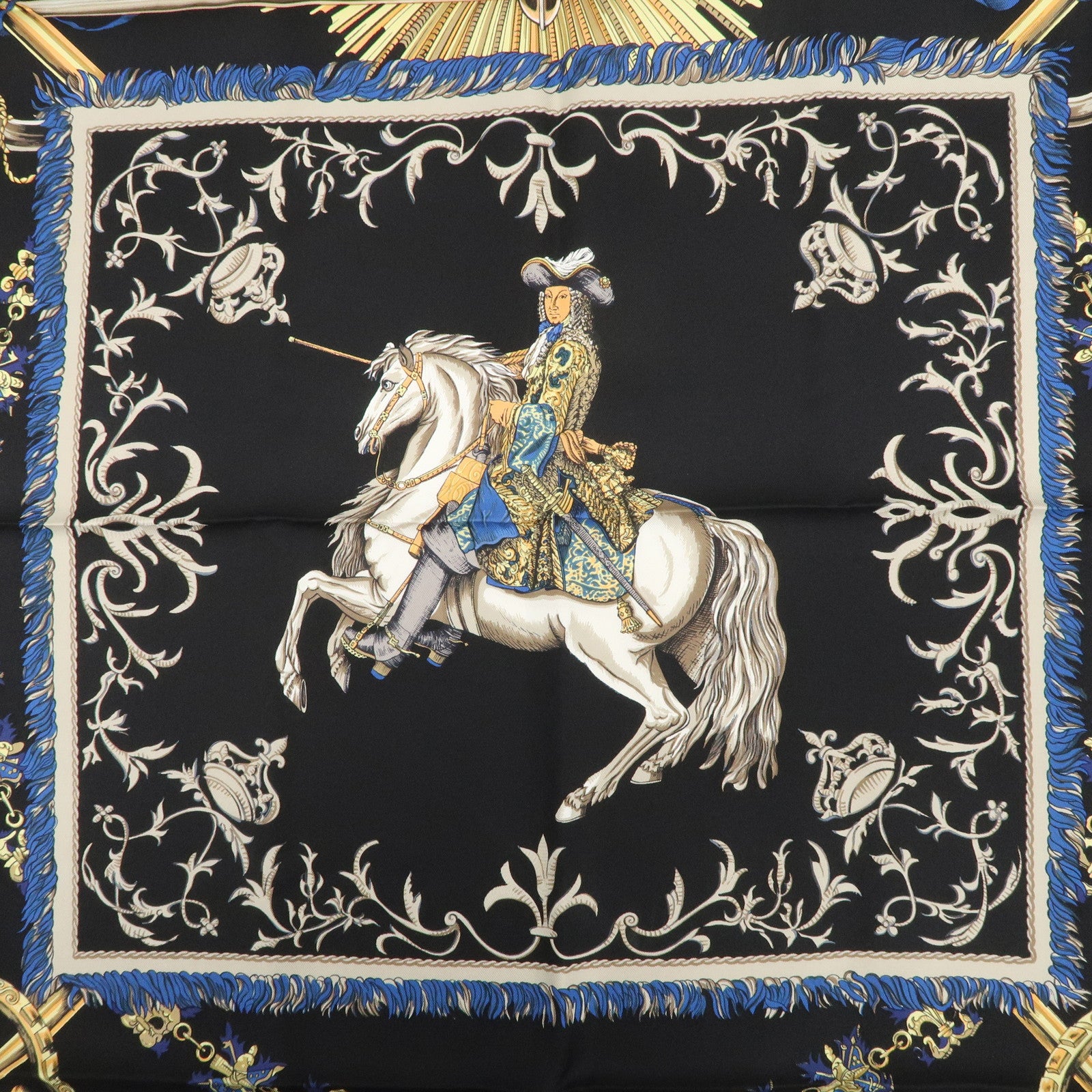 HERMES Carre 90 Silk 100% Scarf LVDOVICVS MAGNVS Black Yellow